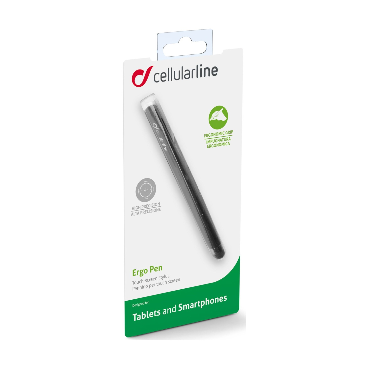 Una penna stilo nella sua confezione, etichettata per tablet e smartphone.