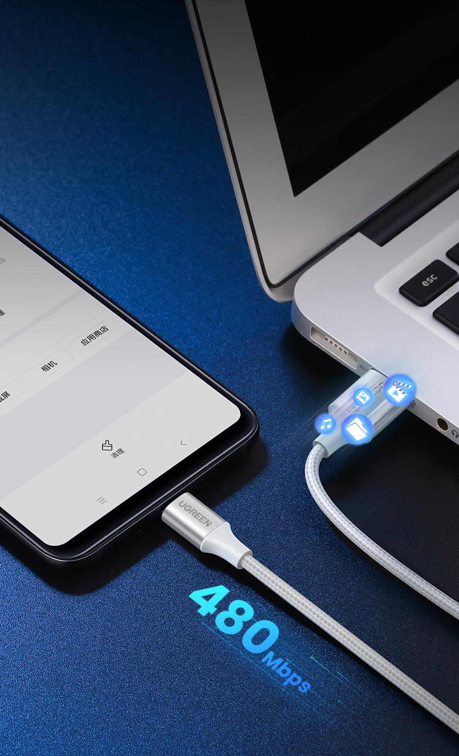 Bir USB-C kablosu aracılığıyla bir dizüstü bilgisayara bağlı bir akıllı telefon. Metin '480 Mbps' yazıyor.