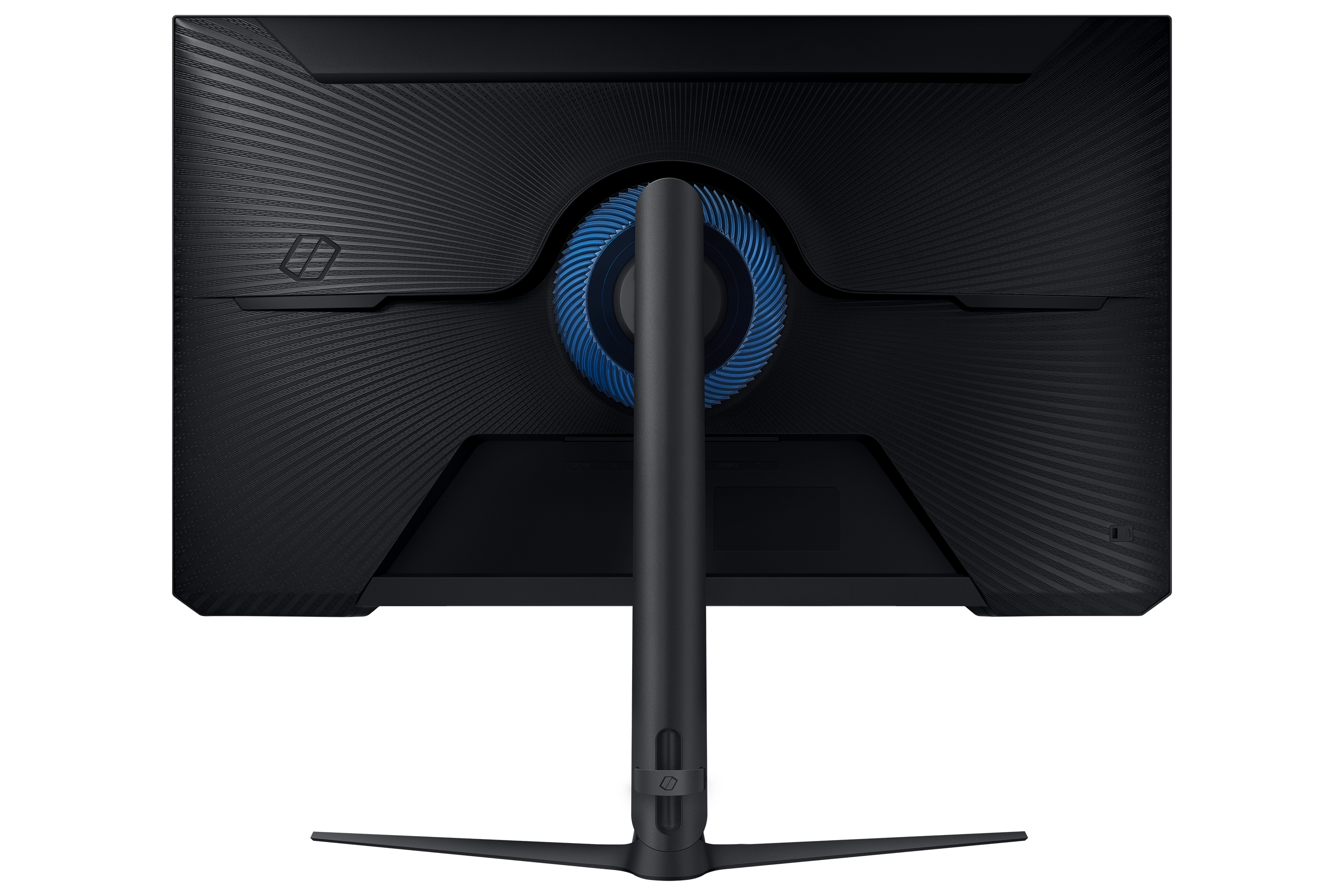 Die Rückseite eines großen schwarzen Gaming-Monitors mit blauem Akzentkreis und Ständer.