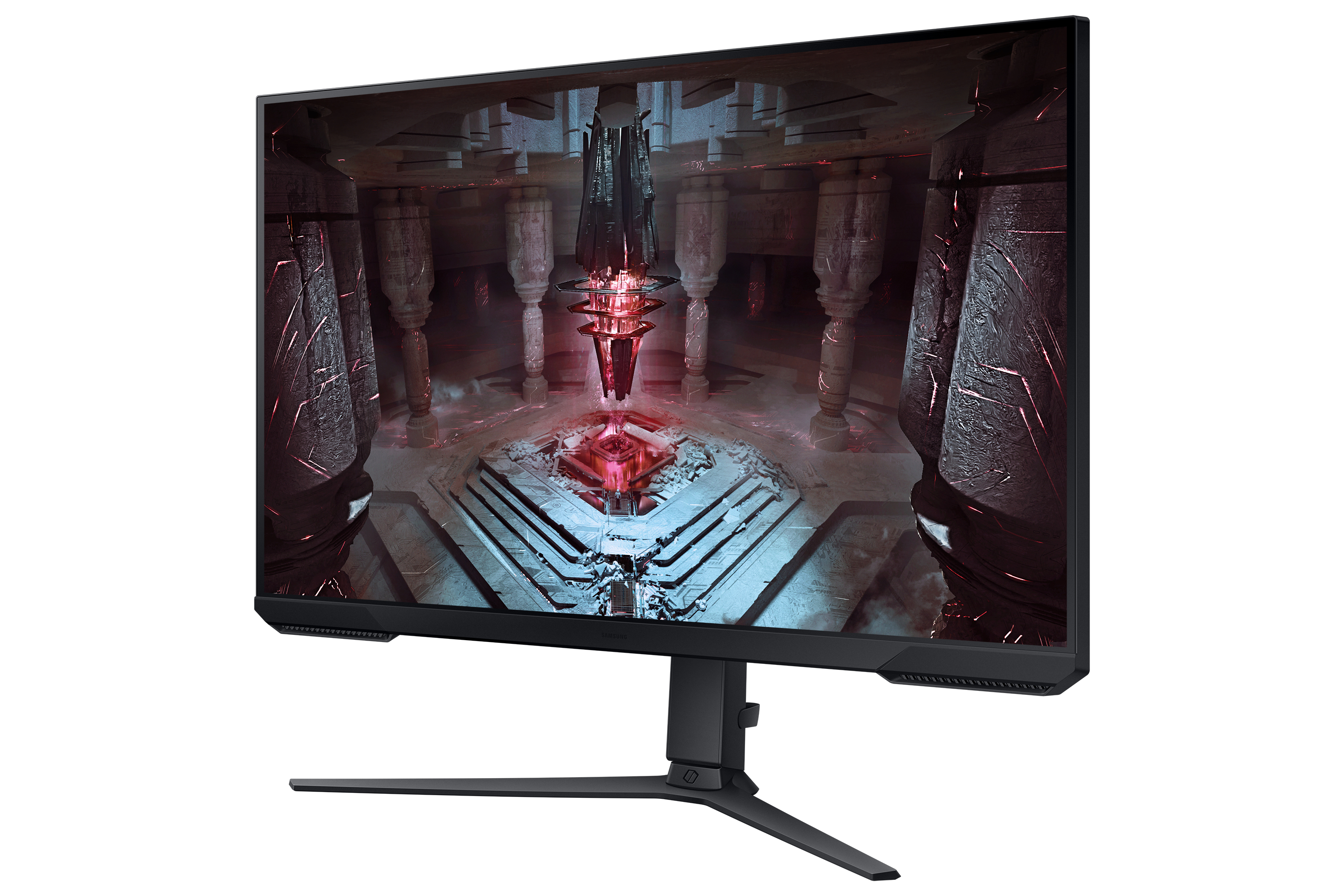 Ein schwarzer Gaming-Monitor mit gebogenem Bildschirm. Zeigt eine Spielszene mit rotem Kern und Steinstrukturen.