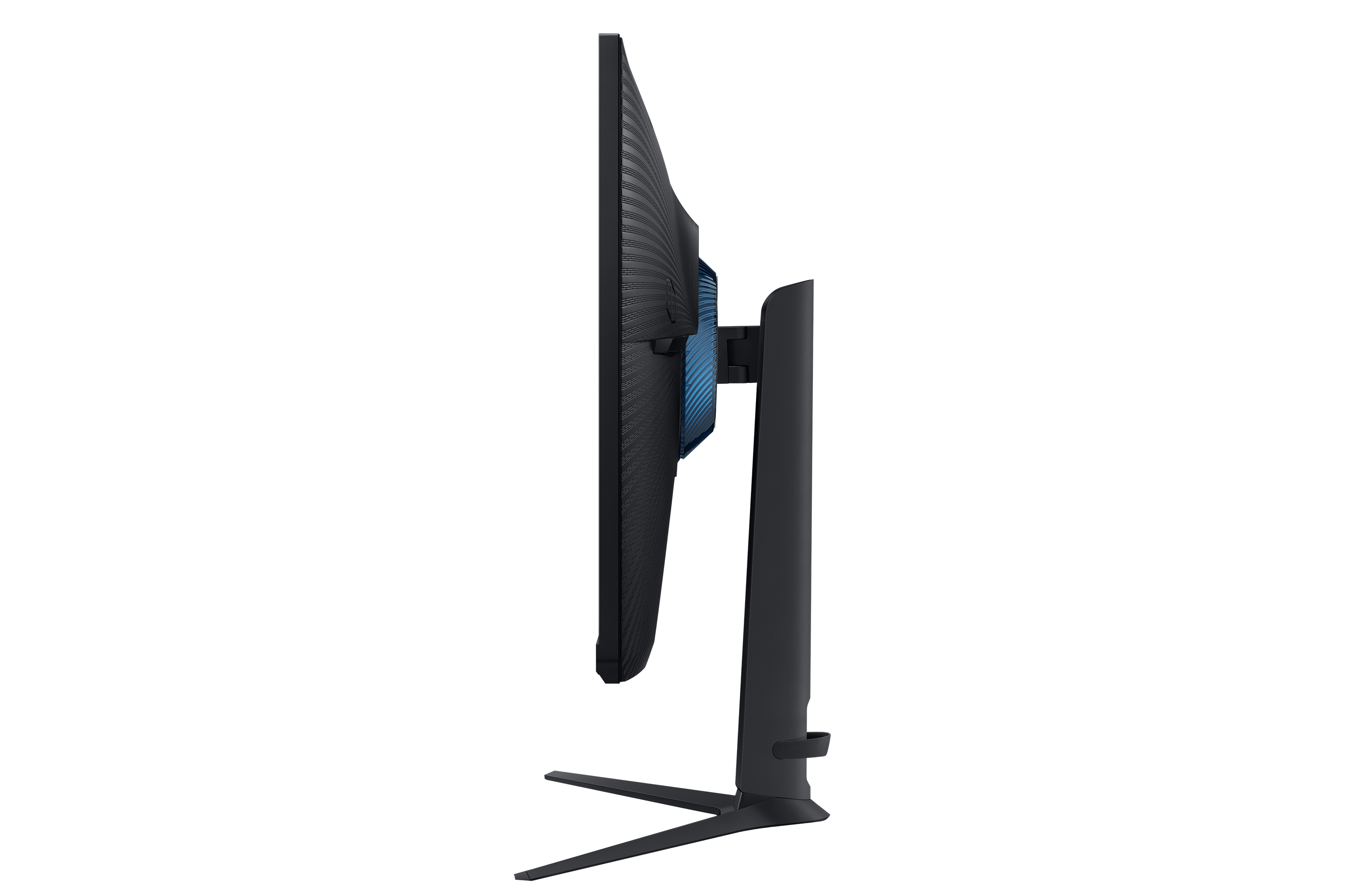 Seitenansicht eines schwarzen Computermonitors mit blauem Design auf der Rückseite, auf weißer Oberfläche.