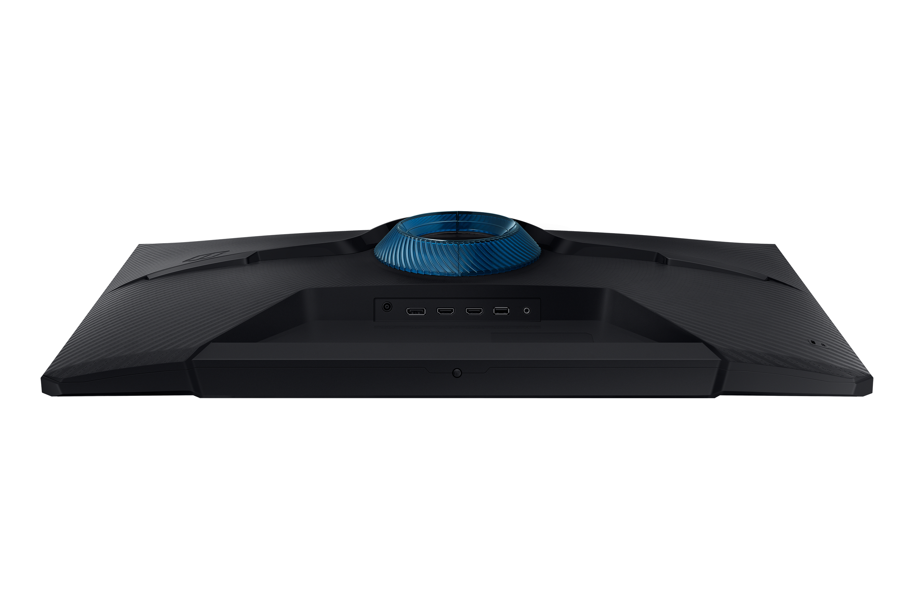 Ein schwarzer Computermonitor von hinten, mit Anschlüssen und einem blauen Designelement.