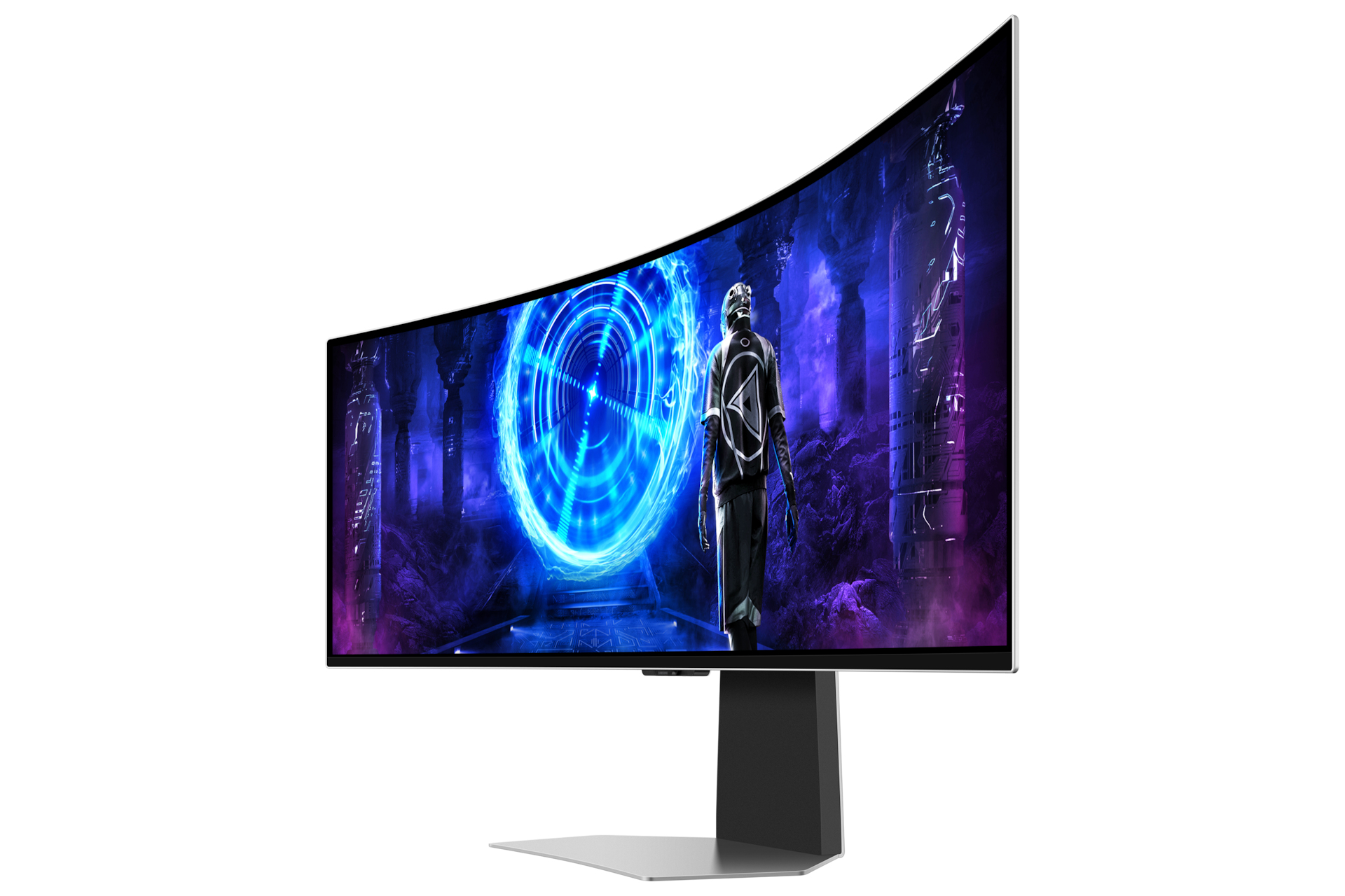 Gewölbter Computermonitor mit futuristischem Bild.