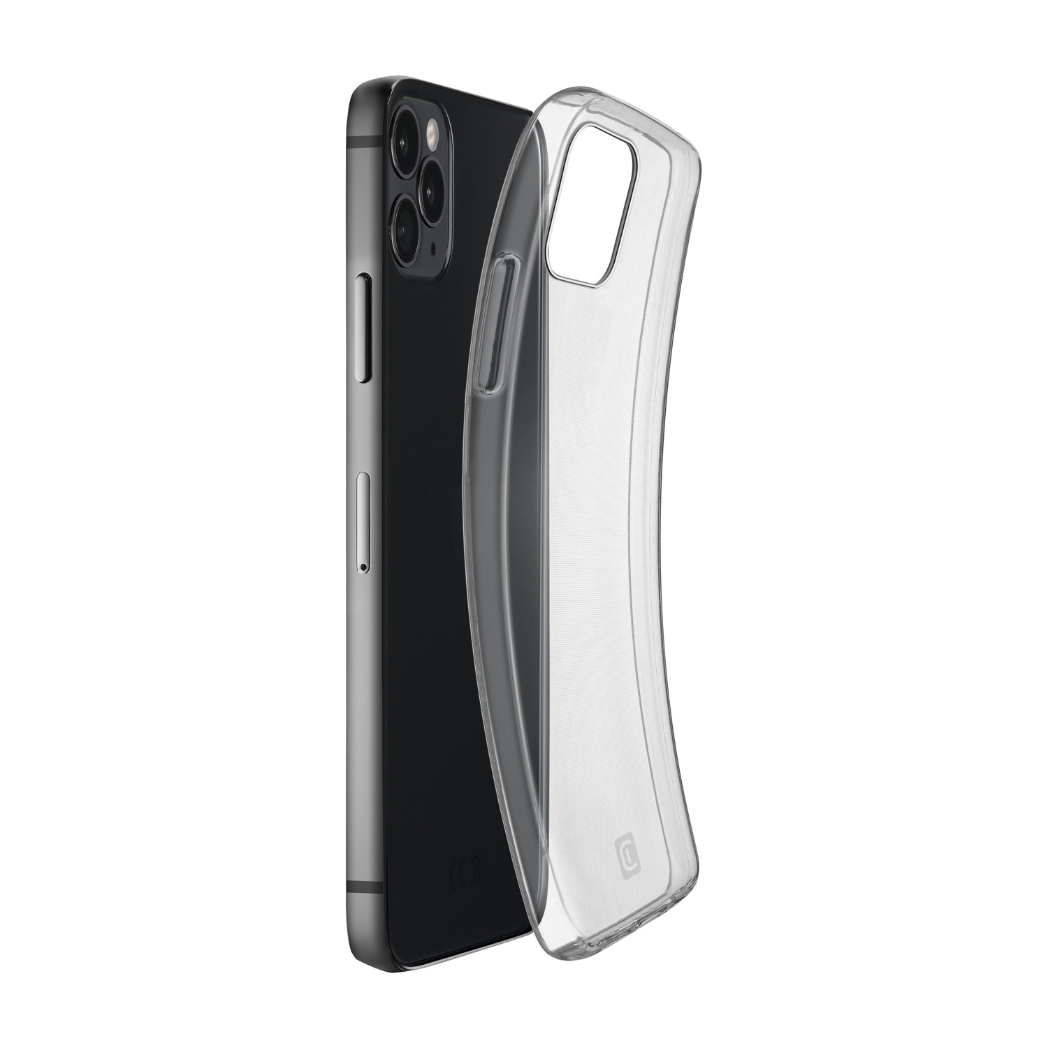 Un iPhone nero con una custodia protettiva trasparente attaccata, che mostra il retro e i dettagli laterali del telefono.