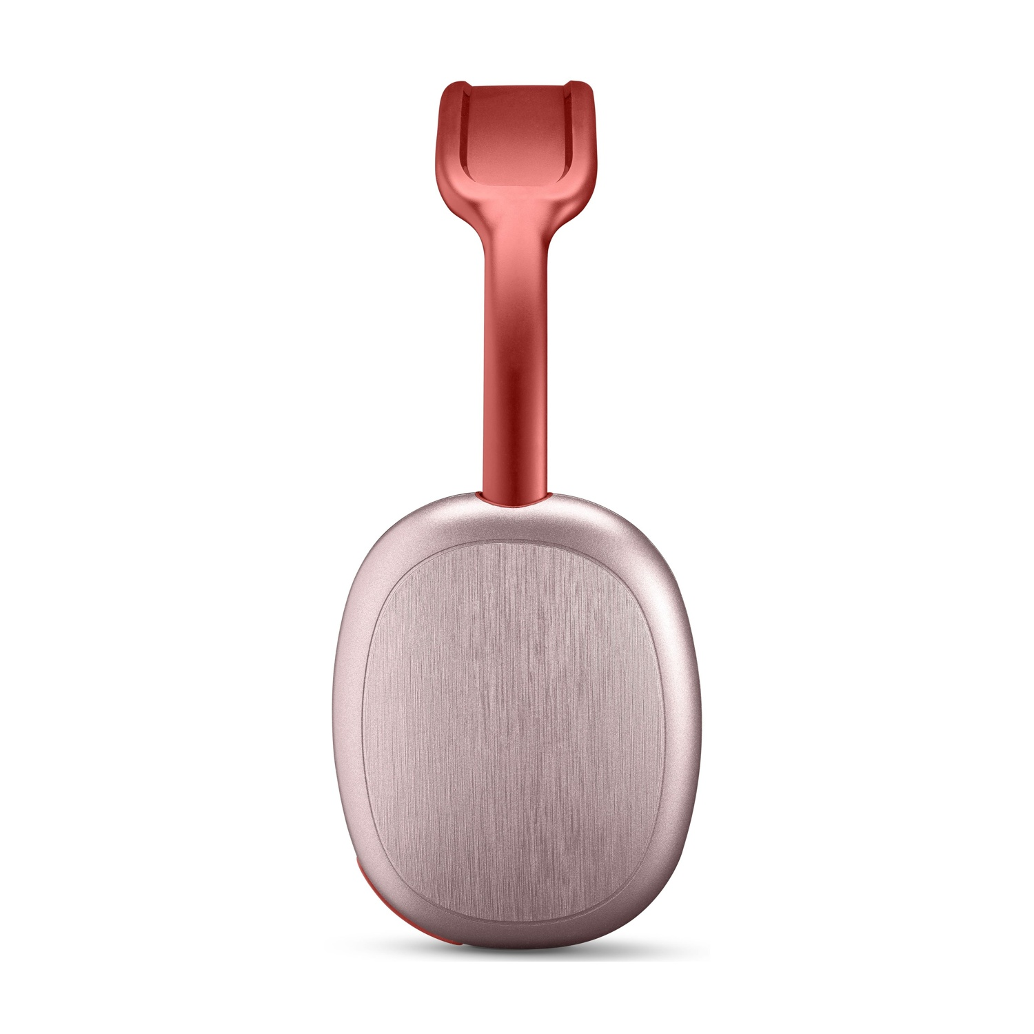 Un dispositivo rosso e argento con un lungo manico. È un gadget portatile, probabilmente un dispositivo intelligente.