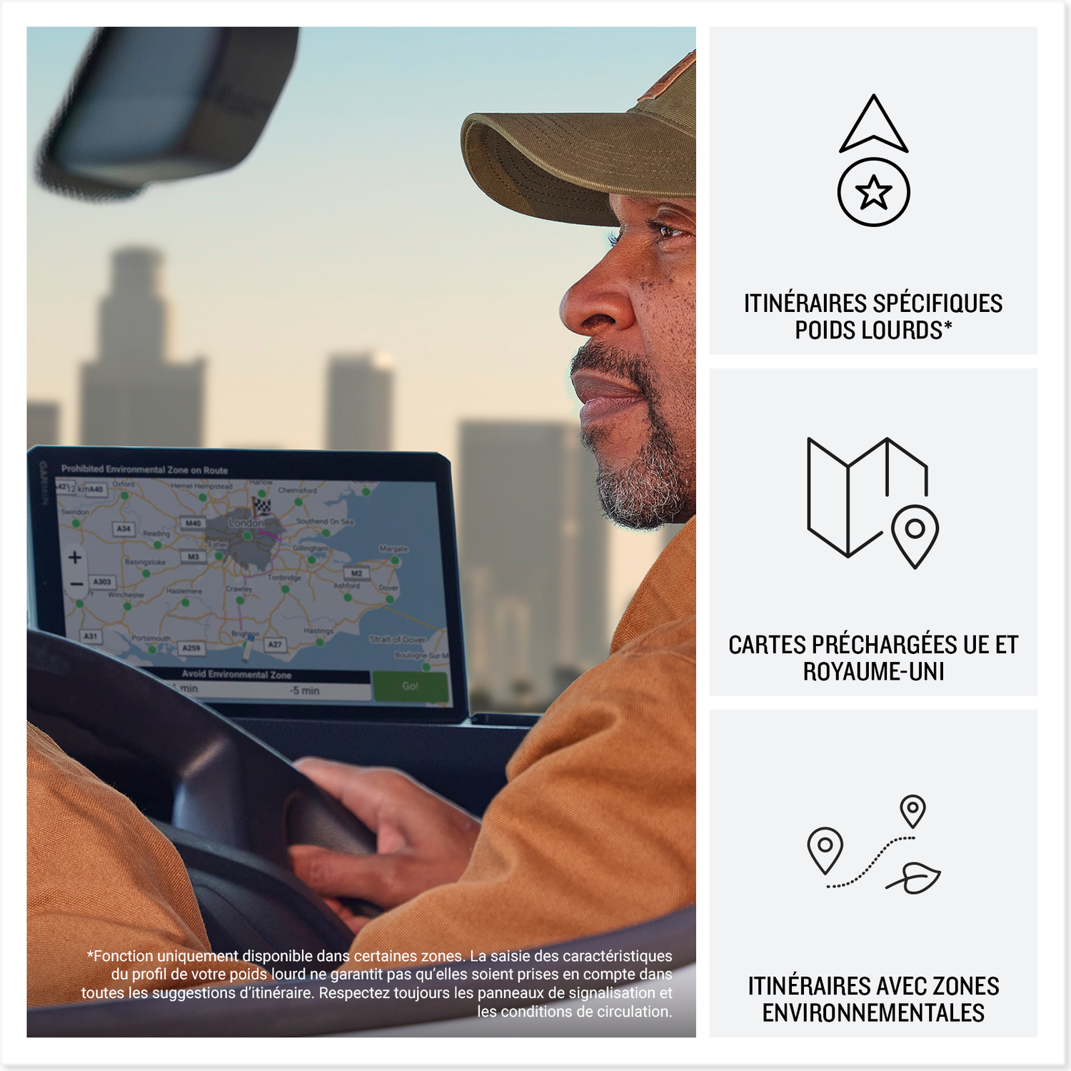 Un homme dans un camion utilise un système de navigation. Texte à l'écran : Zone Environnementale Interdite sur les Routes.
