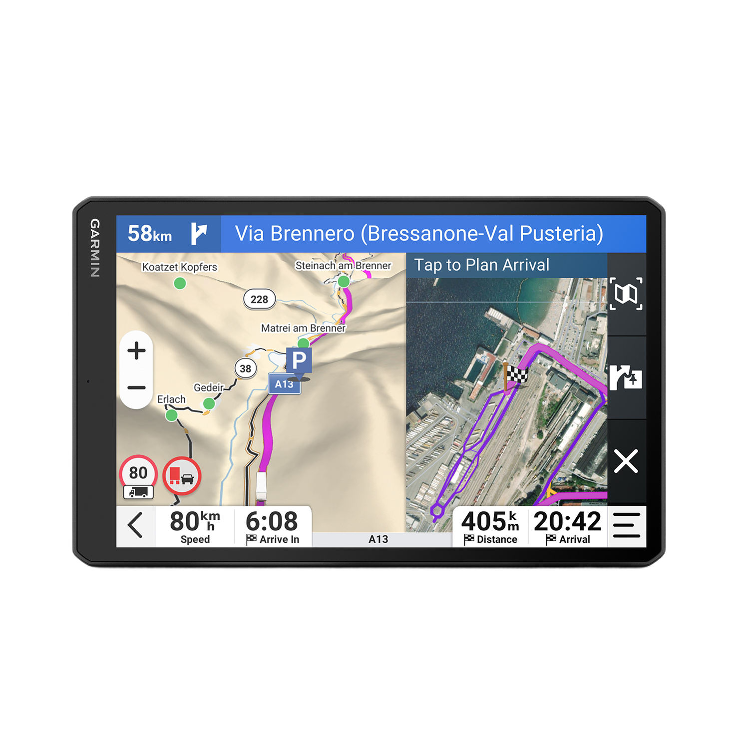 Appareil GPS Garmin affichant une carte. Il montre un itinéraire et des détails.