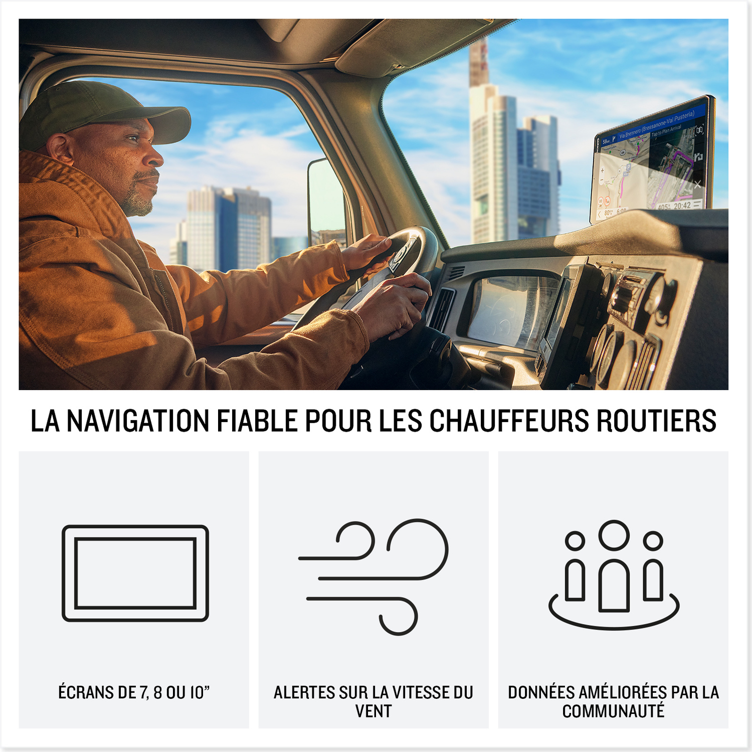 Homme conduisant un camion avec un écran GPS. Navigation et icônes en bas.
