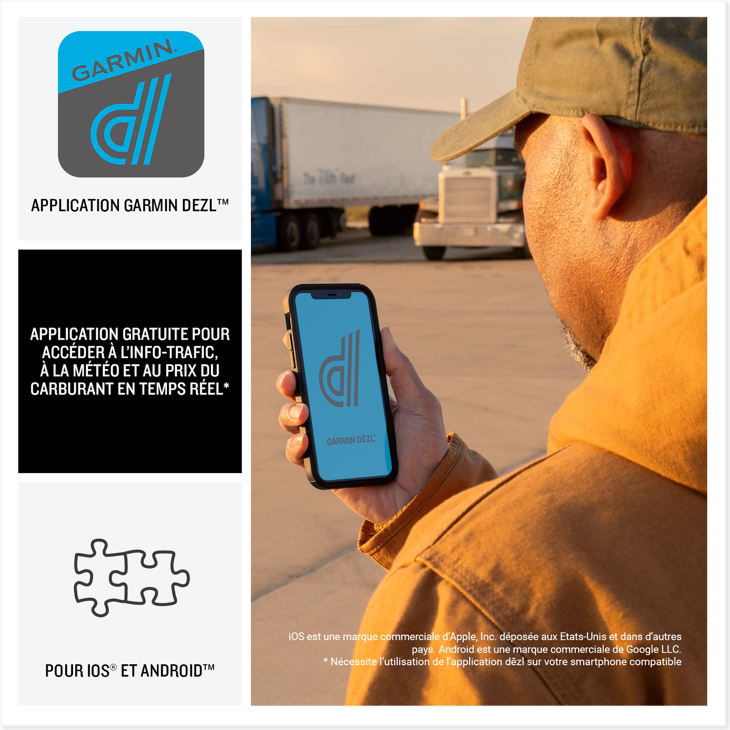 Homme tenant un téléphone avec l'application Garmin près d'un camion.