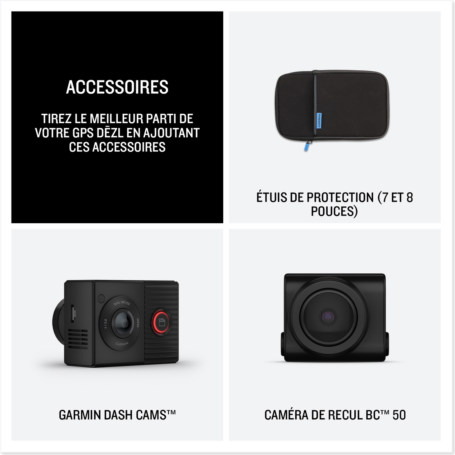 Accessoires : un étui noir, deux caméras de tableau de bord et une caméra arrière.