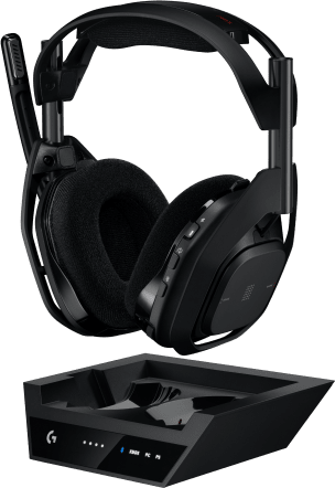 Fekete gamer headset és bázisállomás zöld háttéren.