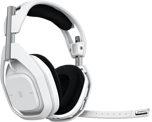 Egy fehér Astro gaming headset mikrofonnal a bal fülhallgatóból, zöld háttér előtt.