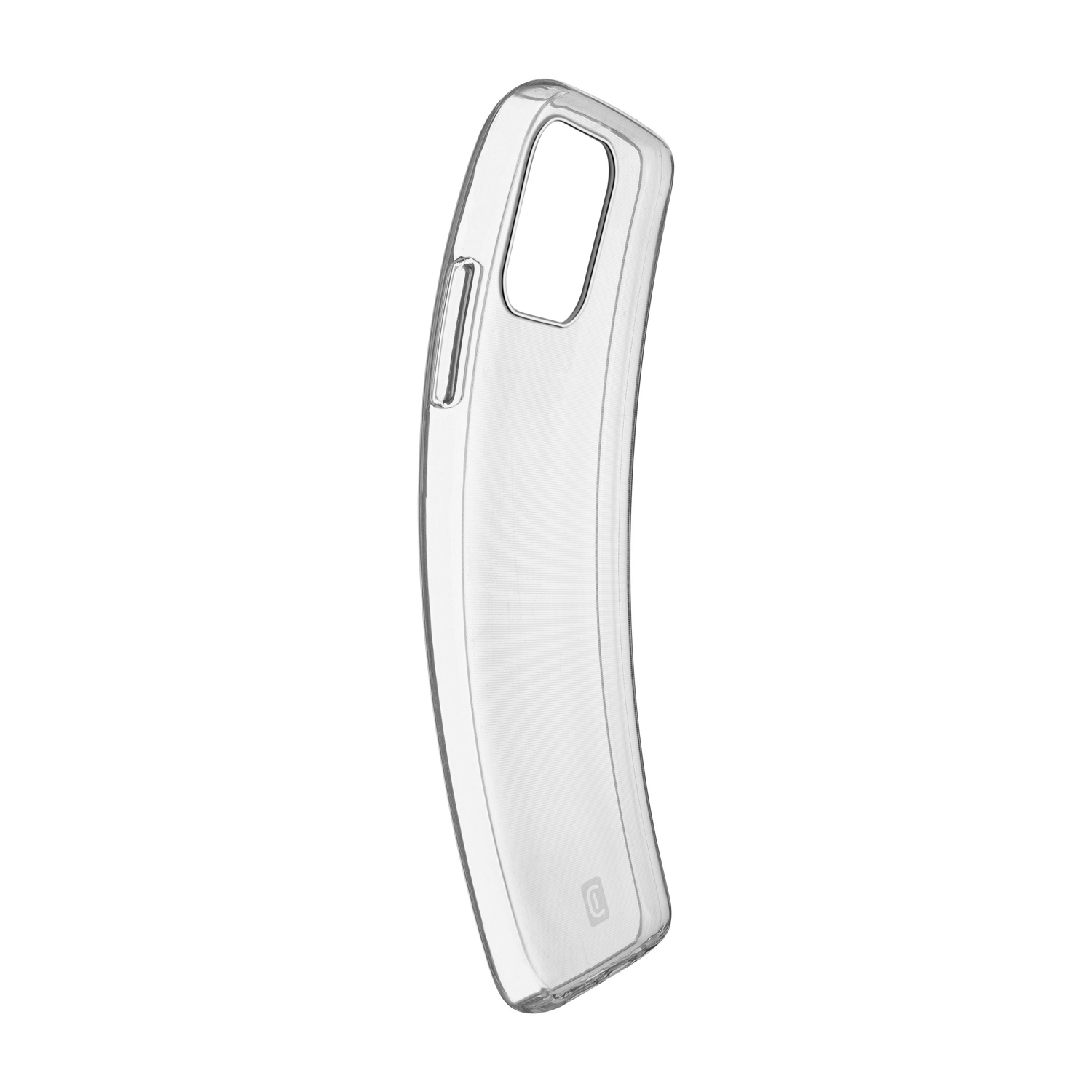 Custodia trasparente per telefono con ritaglio per fotocamera su sfondo bianco.