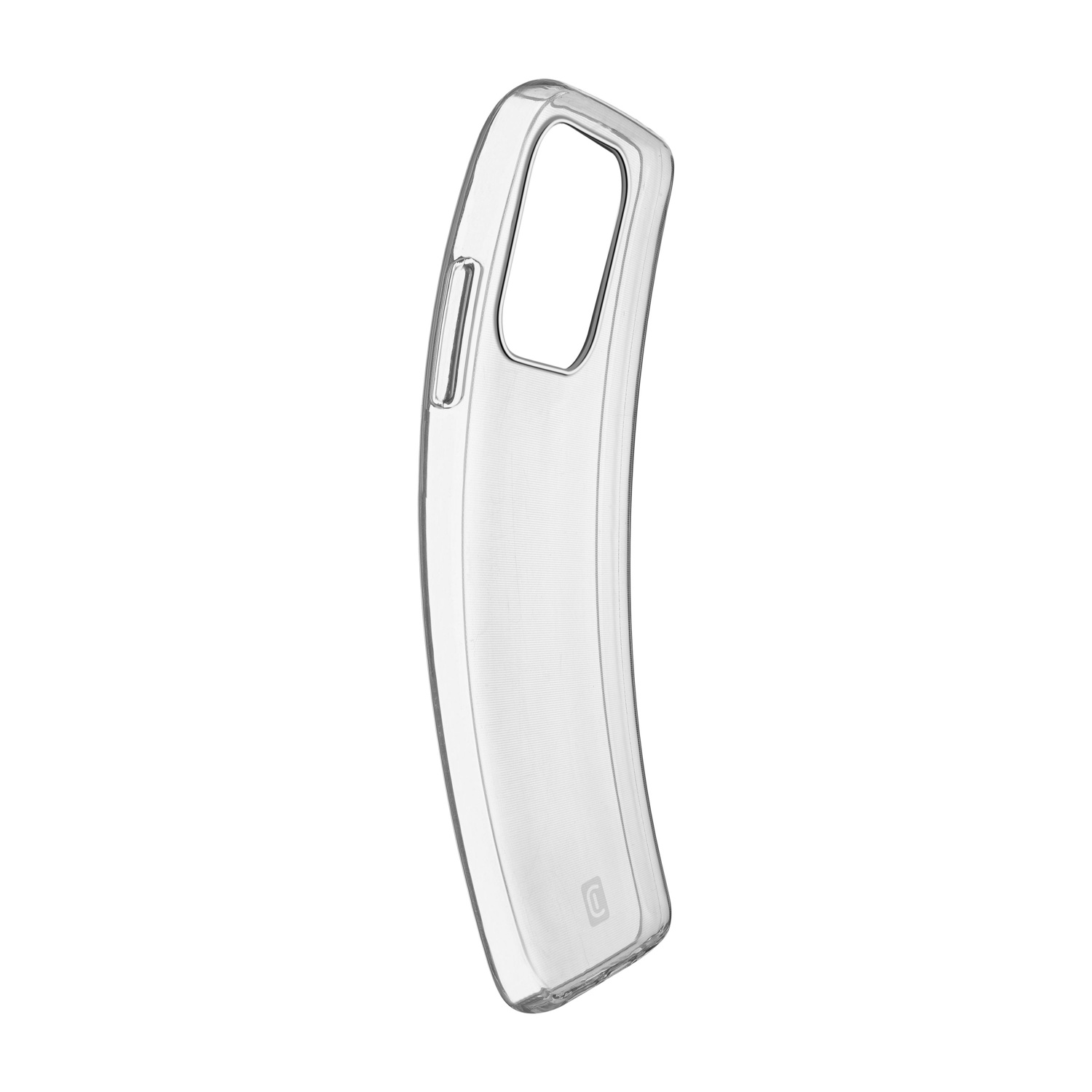 Custodia trasparente per telefono, leggermente curva, con ritaglio per fotocamera. Isolato su bianco.