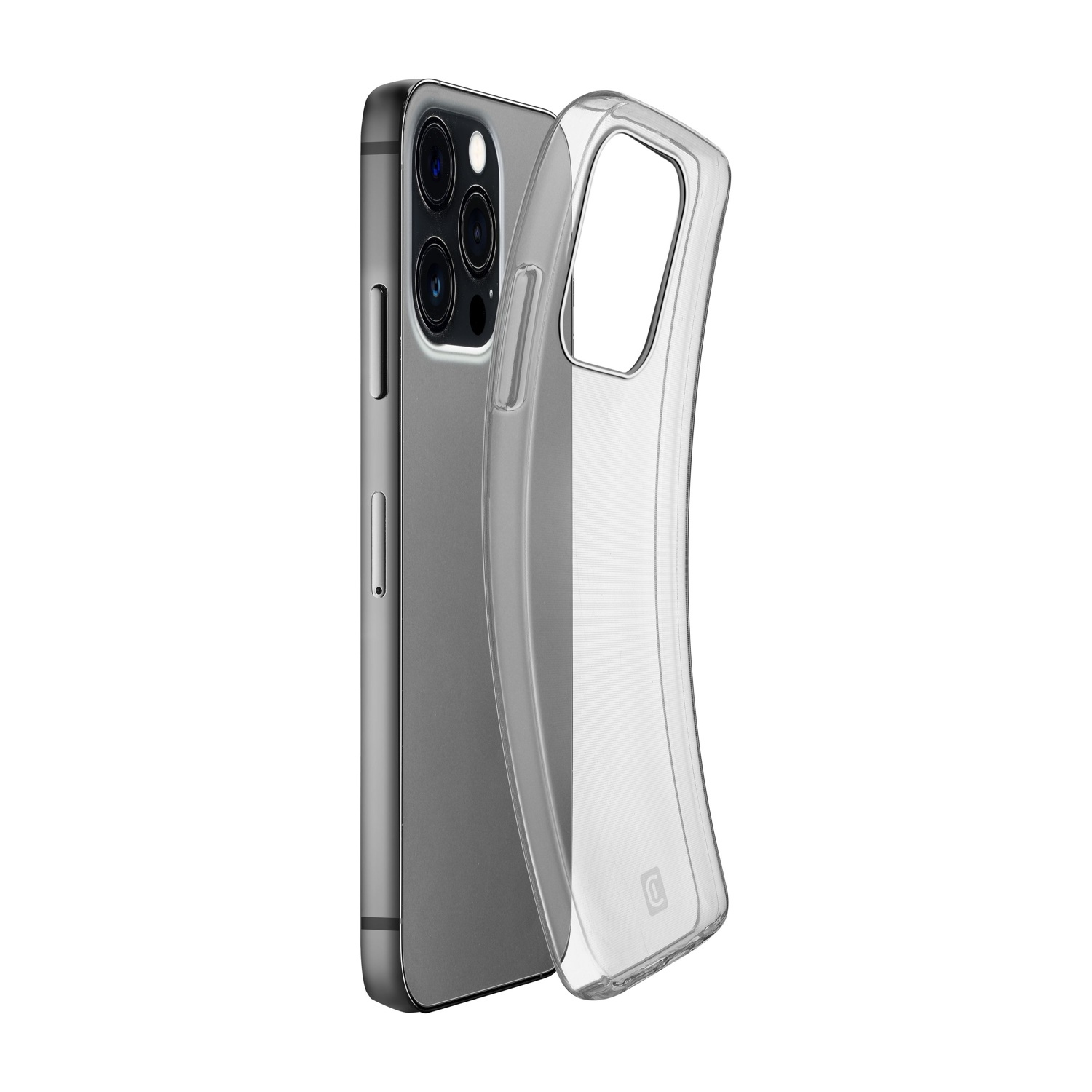 Un telefono grigio con una custodia trasparente. La custodia è aperta mostrando il retro del telefono.