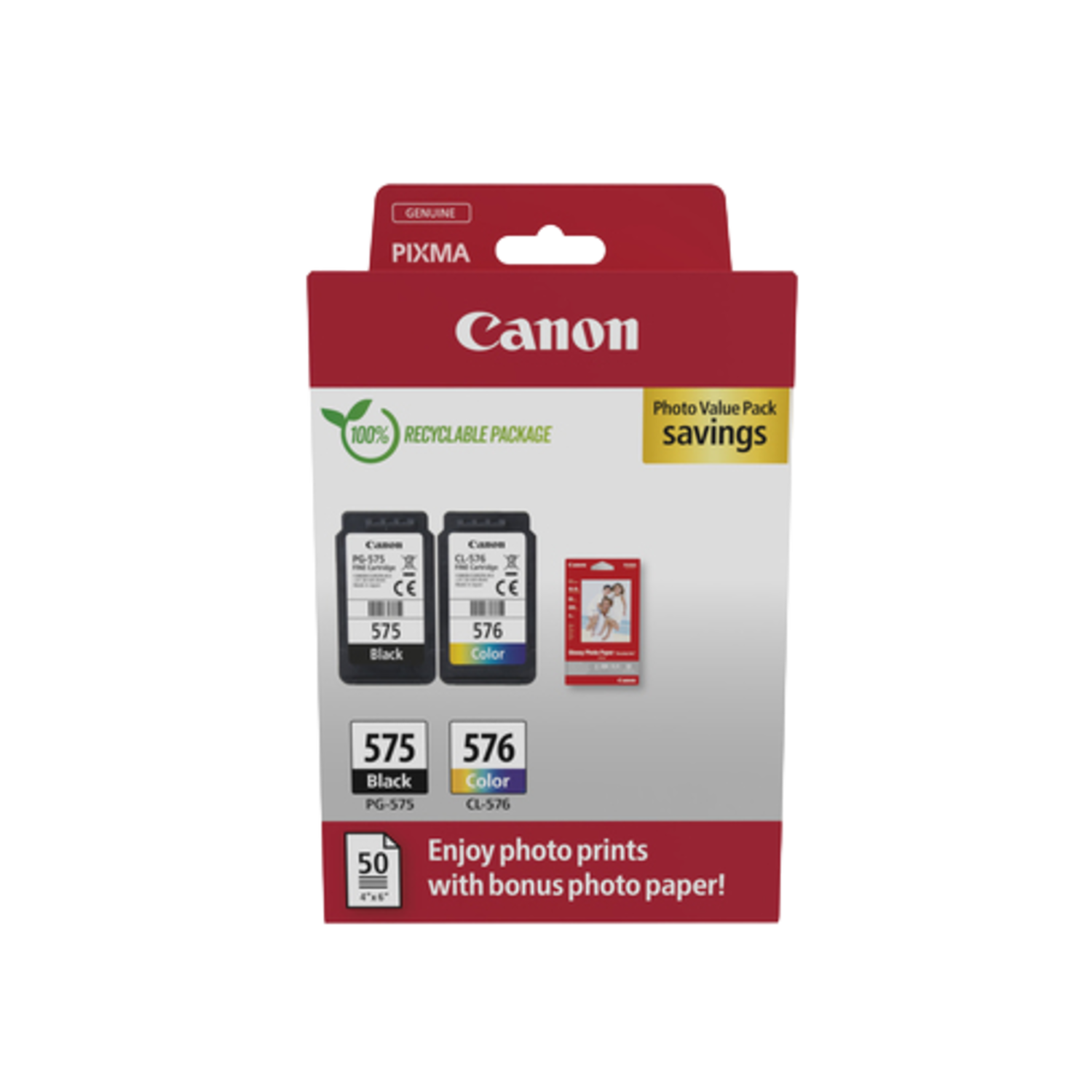 Canon Pg-575/cl-576 Inktcartridges Zwart En Kleur +gp5014x6 Fotopapier Origineel Multicolor