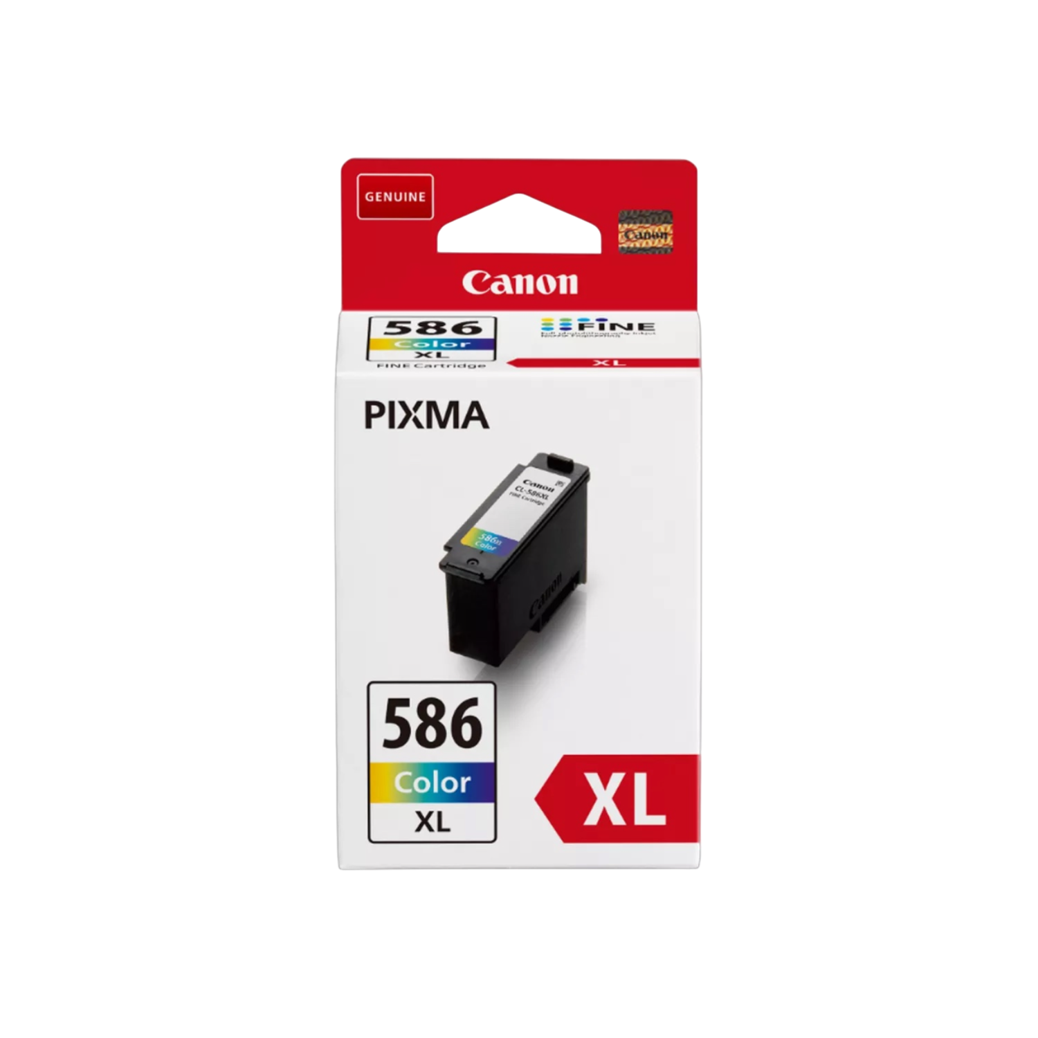 Canon 586 XL kleureninktcartridge verpakking. Het product zit in een rood-witte kartonnen verpakking.