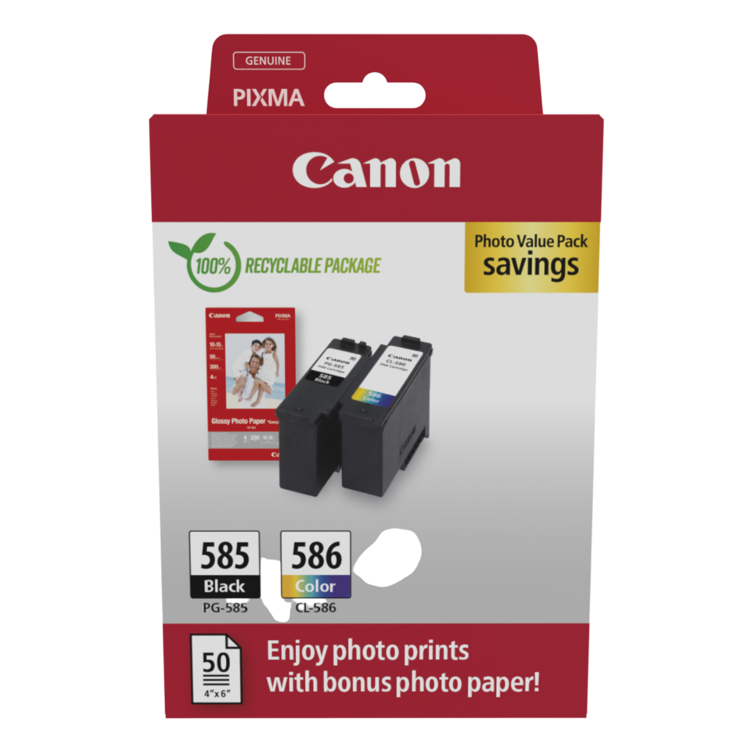 Canon printer ink cartridge pack. Black and color cartridges, with photo paper. Red and black packaging.