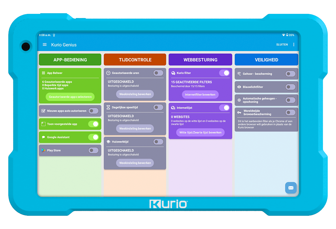 Een blauwe tablet met een touchscreen die de Kurio Genius interface toont, met verschillende app-iconen.