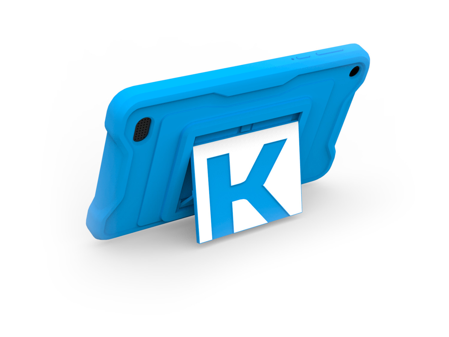 Blauwe tabletcase met een standaard. De standaard heeft een witte 'K' erop.