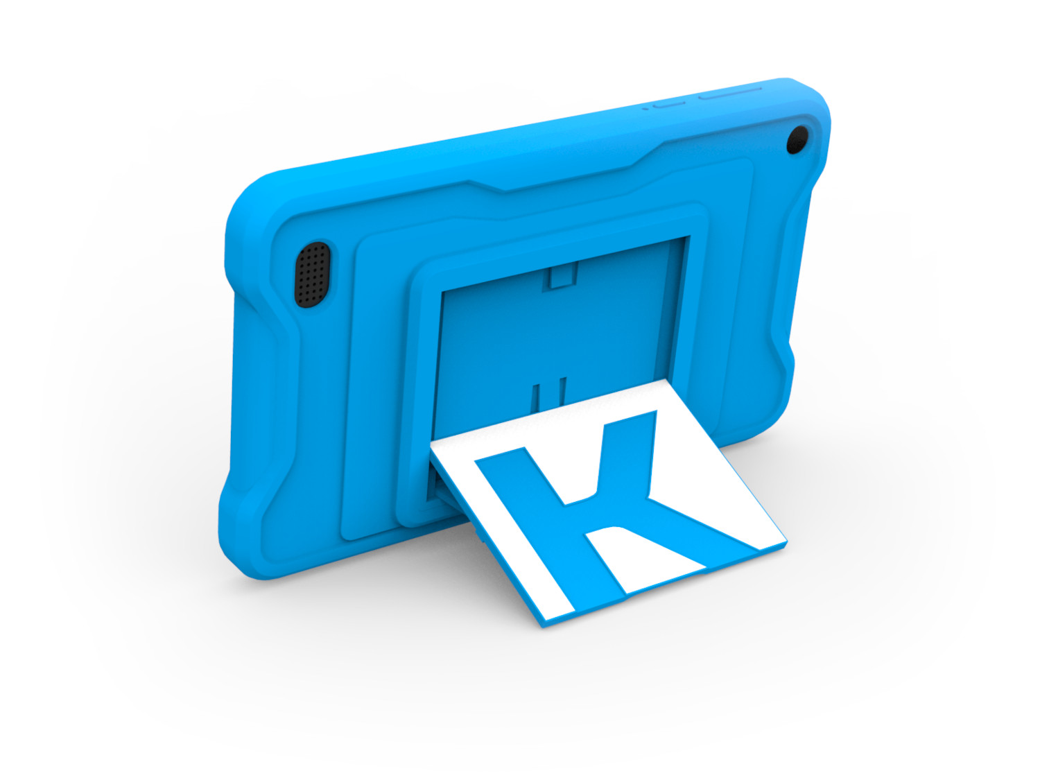 Een blauwe tablethoes met een witte standaard met een grote letter 'K' op een witte achtergrond.