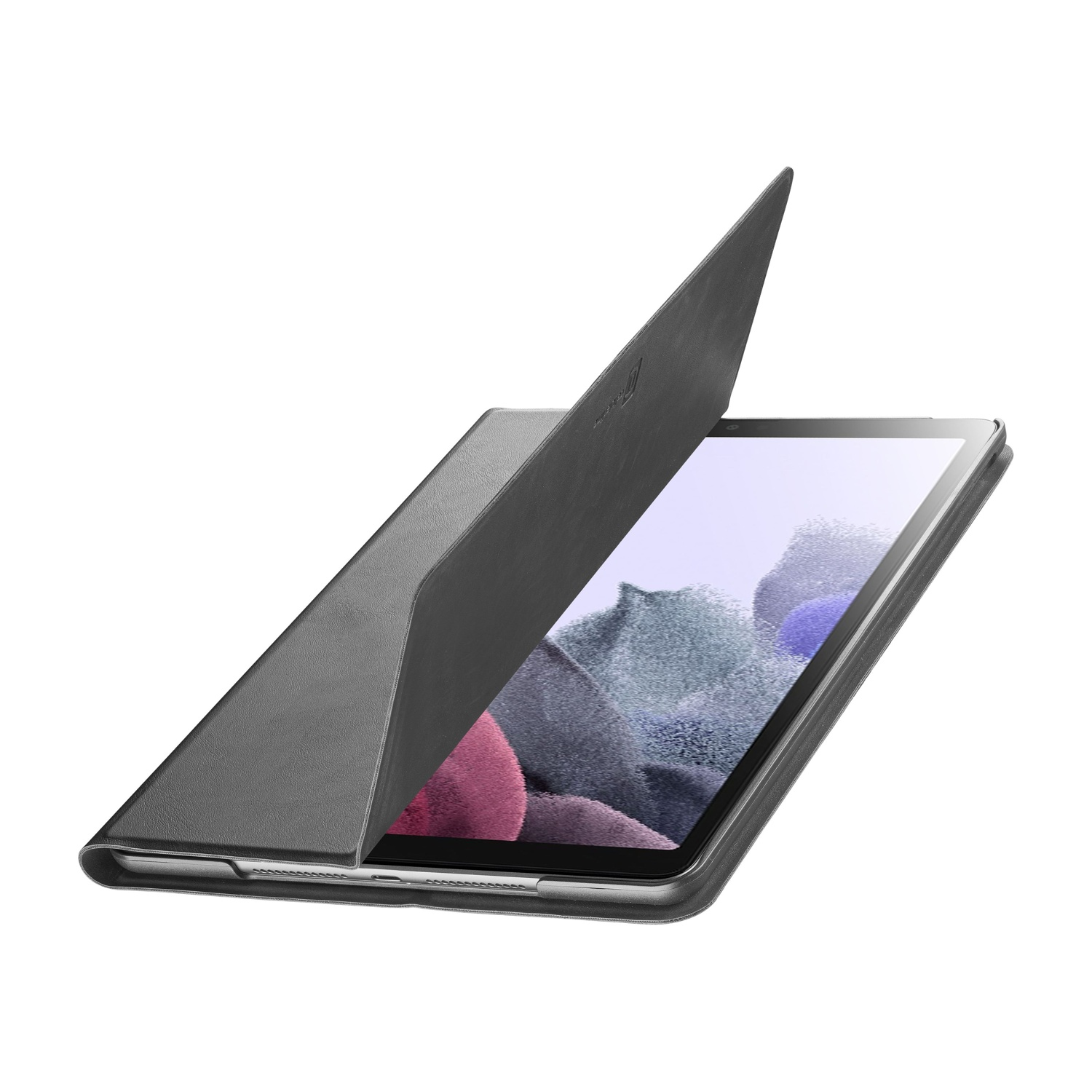 Tablet in una custodia nera con la copertura parzialmente aperta, che rivela lo schermo.