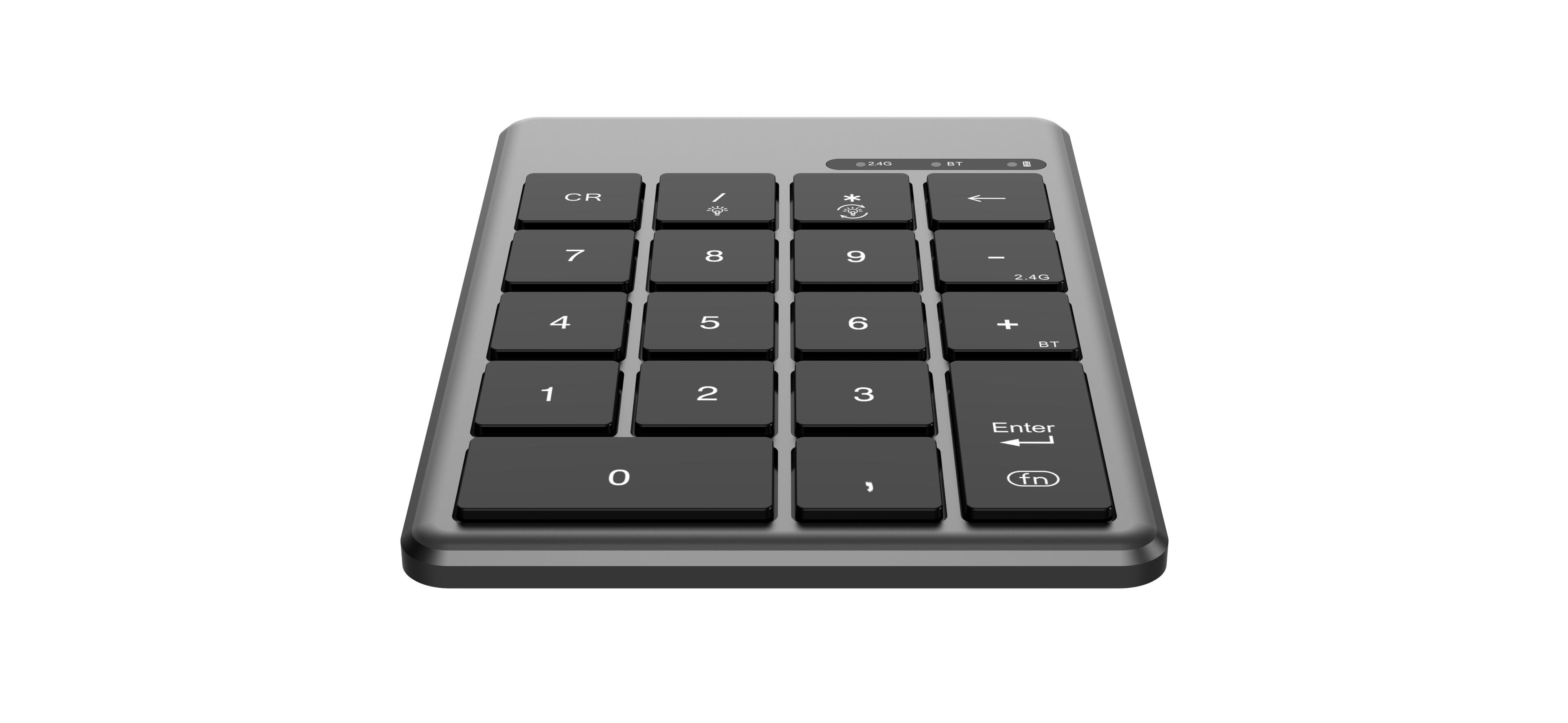 Ein grauer numerischer Tastenblock mit rechteckigen Tasten und einem schlanken, modernen Design.