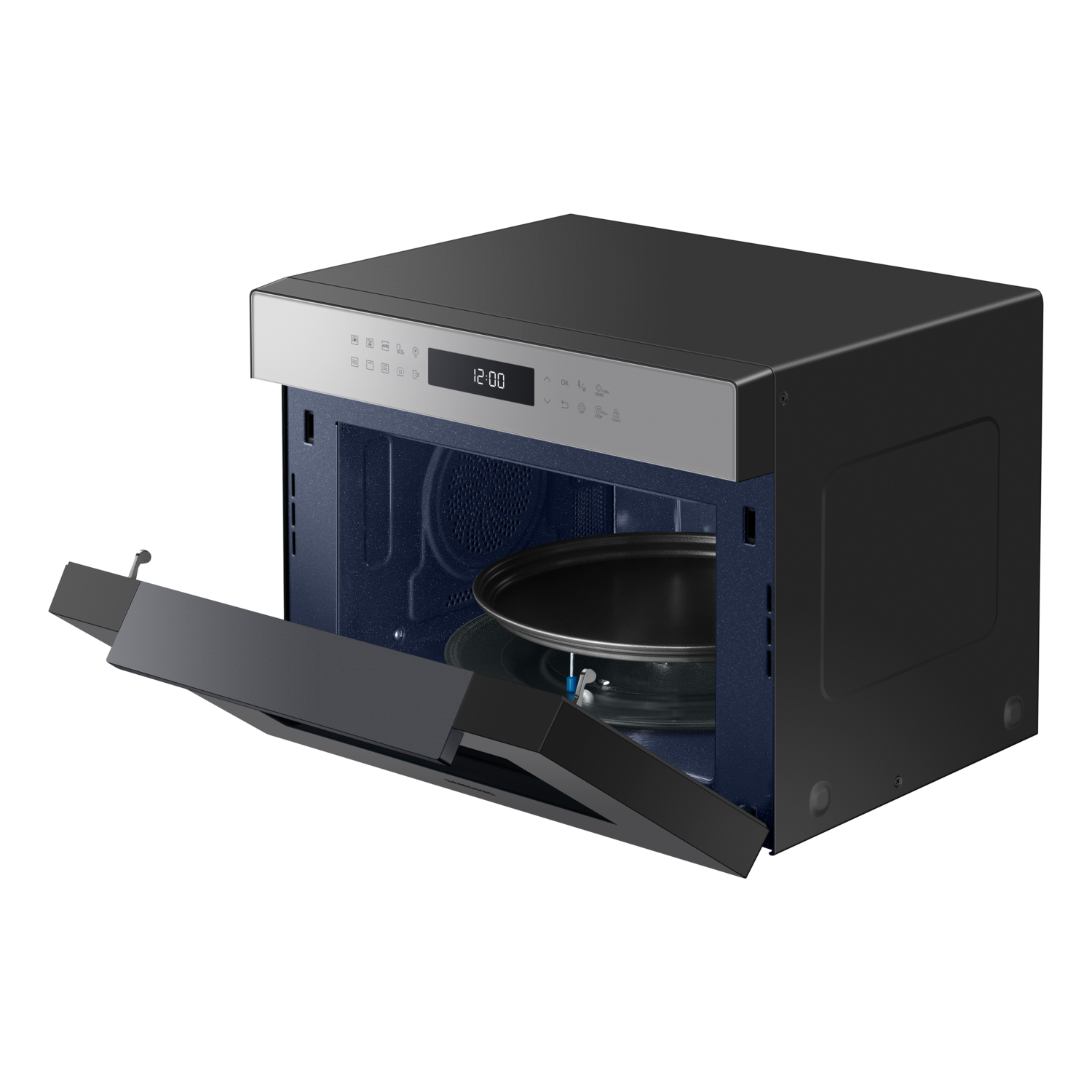 Black microwave oven with open door. The interior and control panel are visible.