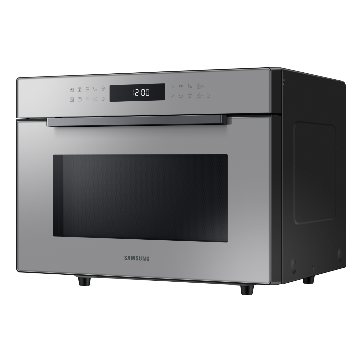 A stainless steel and glass microwave oven showing the Samsung logo and control panel.