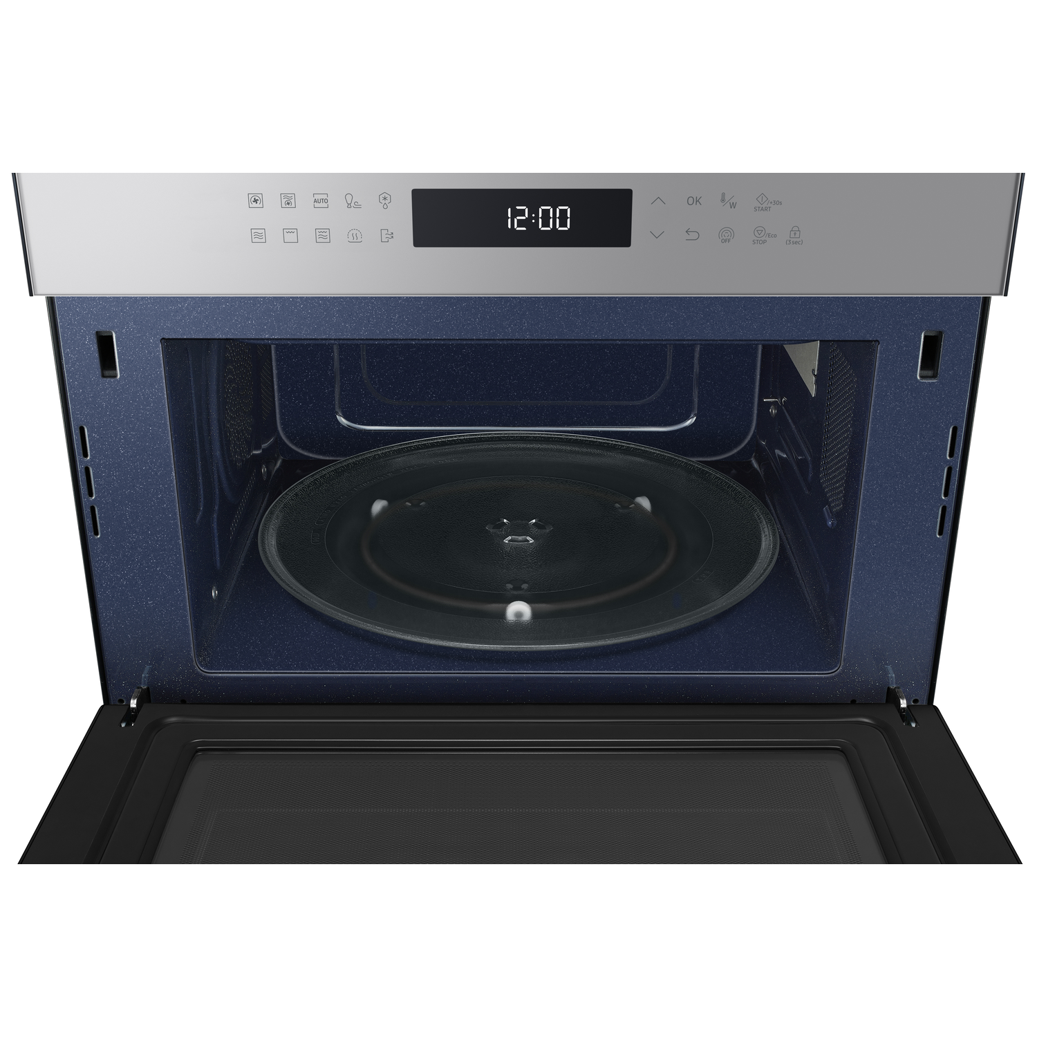 A microwave oven with the door open, showing a rotating glass plate inside. The time is displayed as 12:00.
