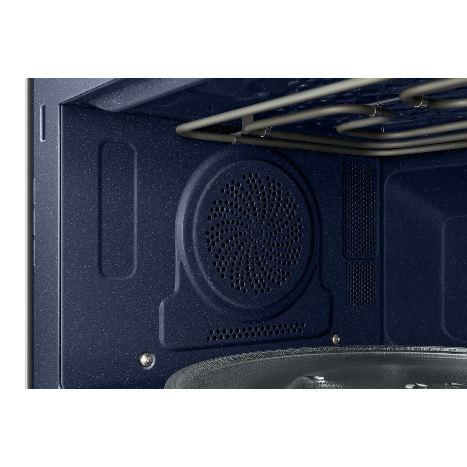 The inside of a microwave oven. The interior is dark blue, with a fan and heating elements visible.