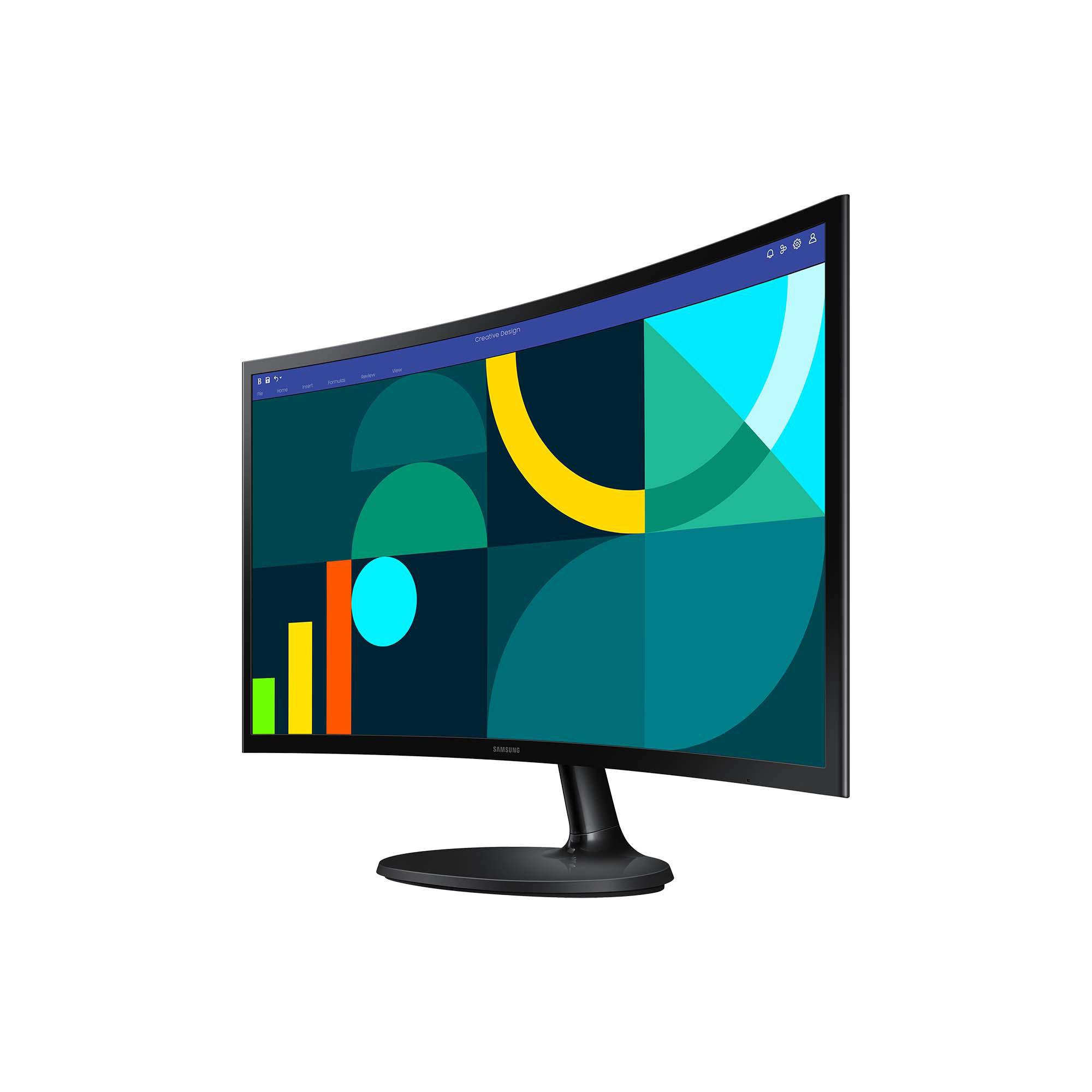 Gebogener Computermonitor mit farbenfrohem Design auf dem Bildschirm und schwarzem Ständer. Auf weißem Hintergrund.