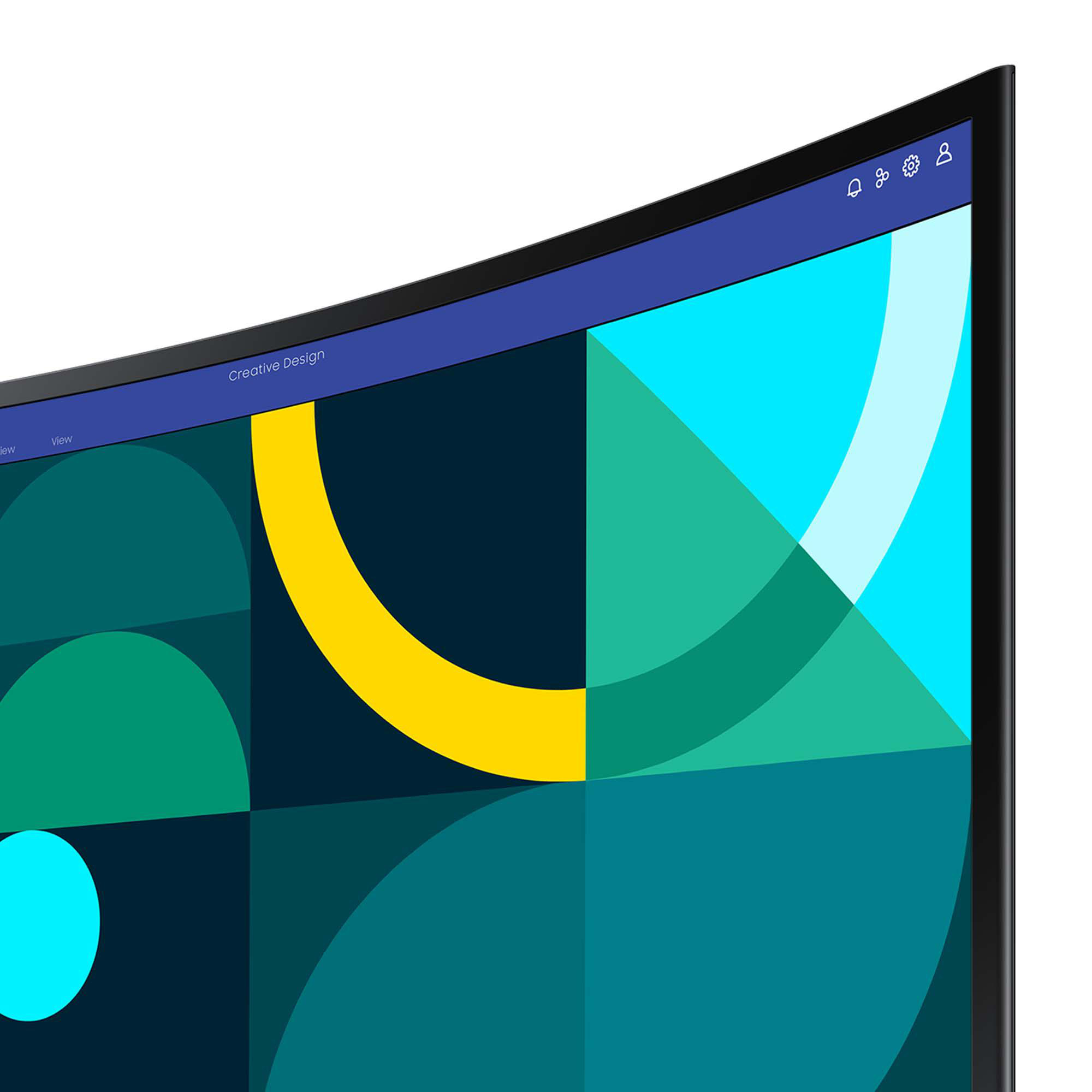 Ein gekrümmter Monitor, der ein farbenfrohes Design anzeigt. Die Oberseite hat Symbole und Text.