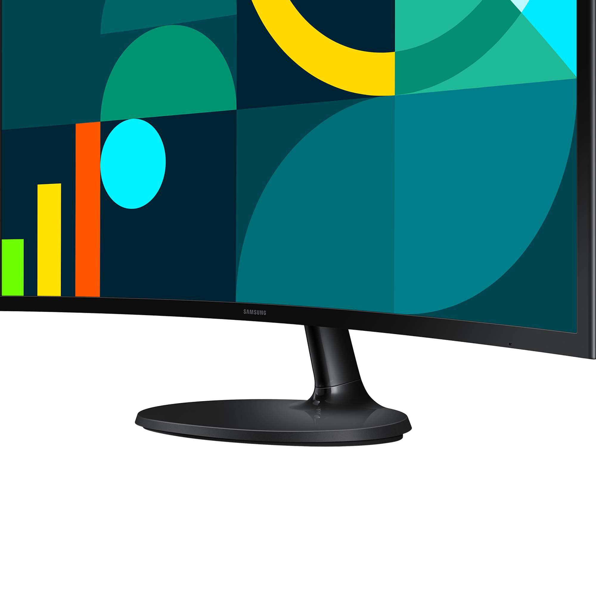 Gebogener Monitor mit Ständer. Der Bildschirm zeigt ein geometrisches Design in verschiedenen Farben.
