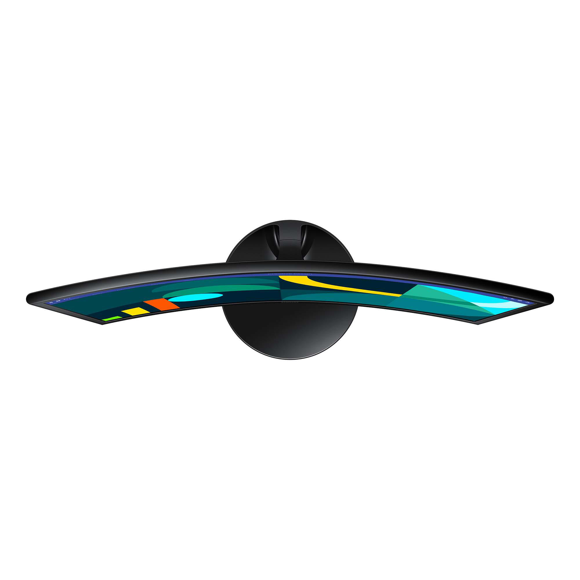 Gebogener Computermonitor, schwarz mit farbenfroher Anzeige, Draufsicht.