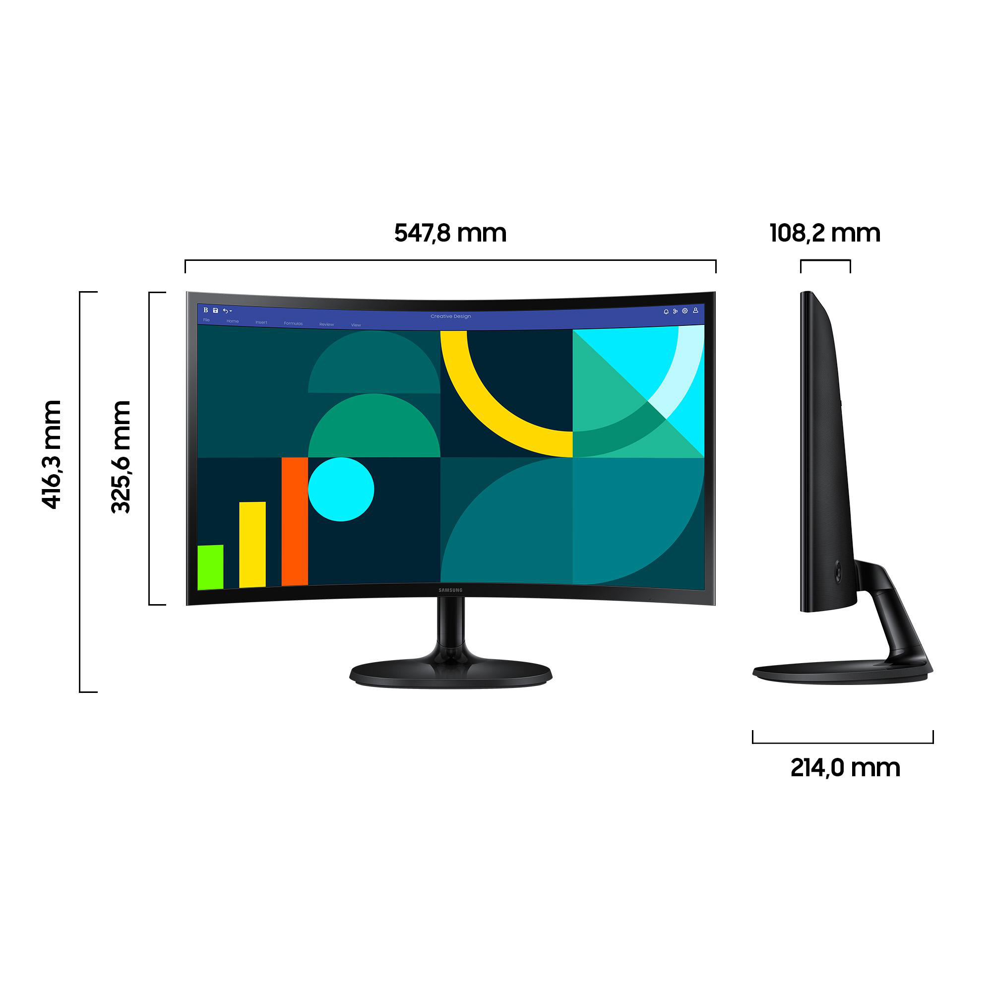 Nahaufnahme eines gebogenen Monitors mit farbenfrohen geometrischen Mustern und schwarzem Sockel.