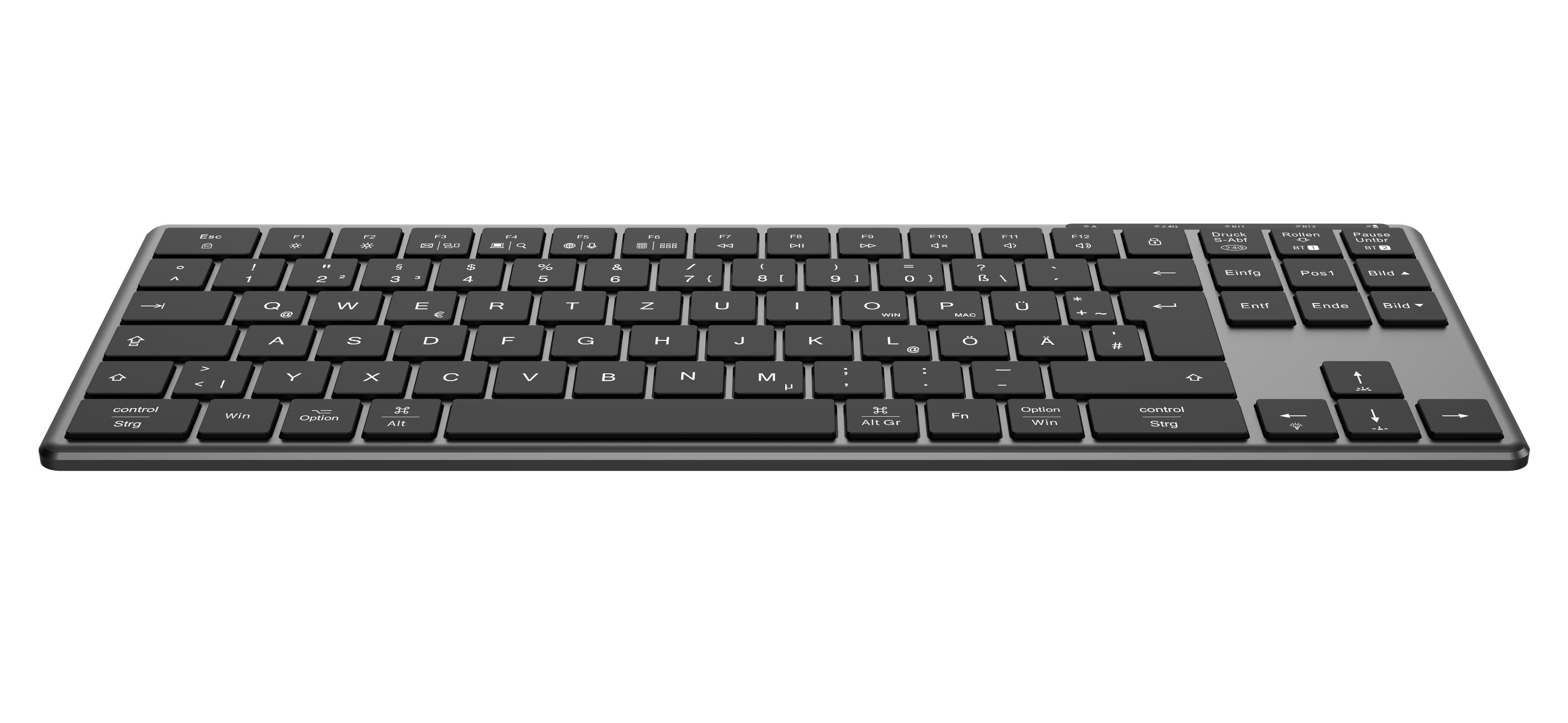 Eine schwarze Tastatur mit schwarzen Tasten. Die Tasten haben weiße Buchstaben und Symbole.