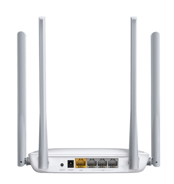 Biały router z czterema antenami. Z tyłu znajdują się żółte i szare porty.