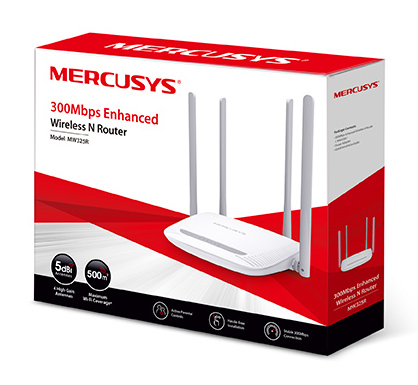 Biało-czerwone pudełko routera Mercusys z anteną. Pokazuje szczegóły i specyfikacje produktu.