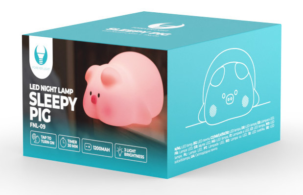 Różowa lampka nocna LED w kształcie świnki w niebieskim pudełku. Pudełko ma tekst i rysunek świnki.