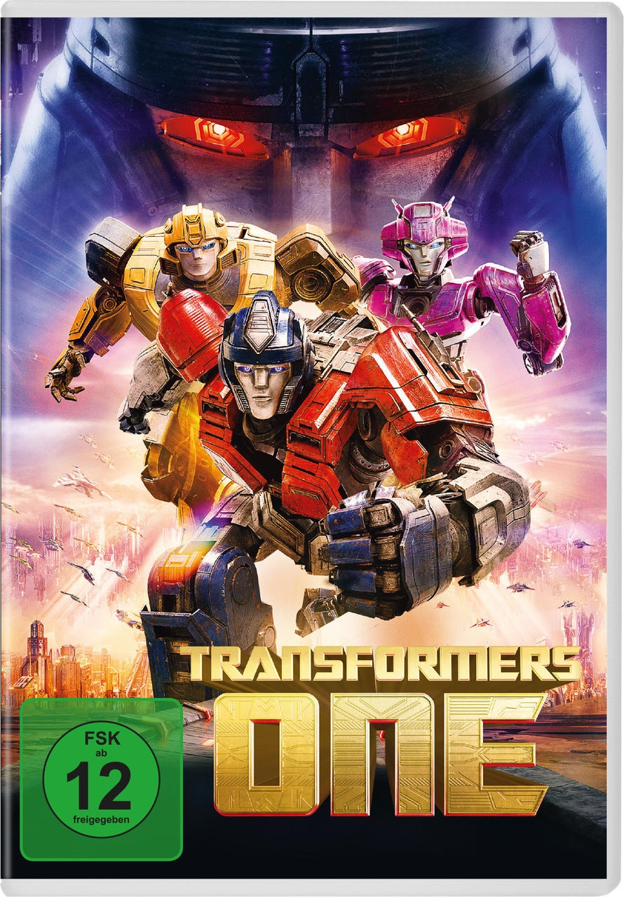 Transformers-Filmcover mit Robotern. Gelbe, rote und lila Roboter stehen vor einem Stadtbild.