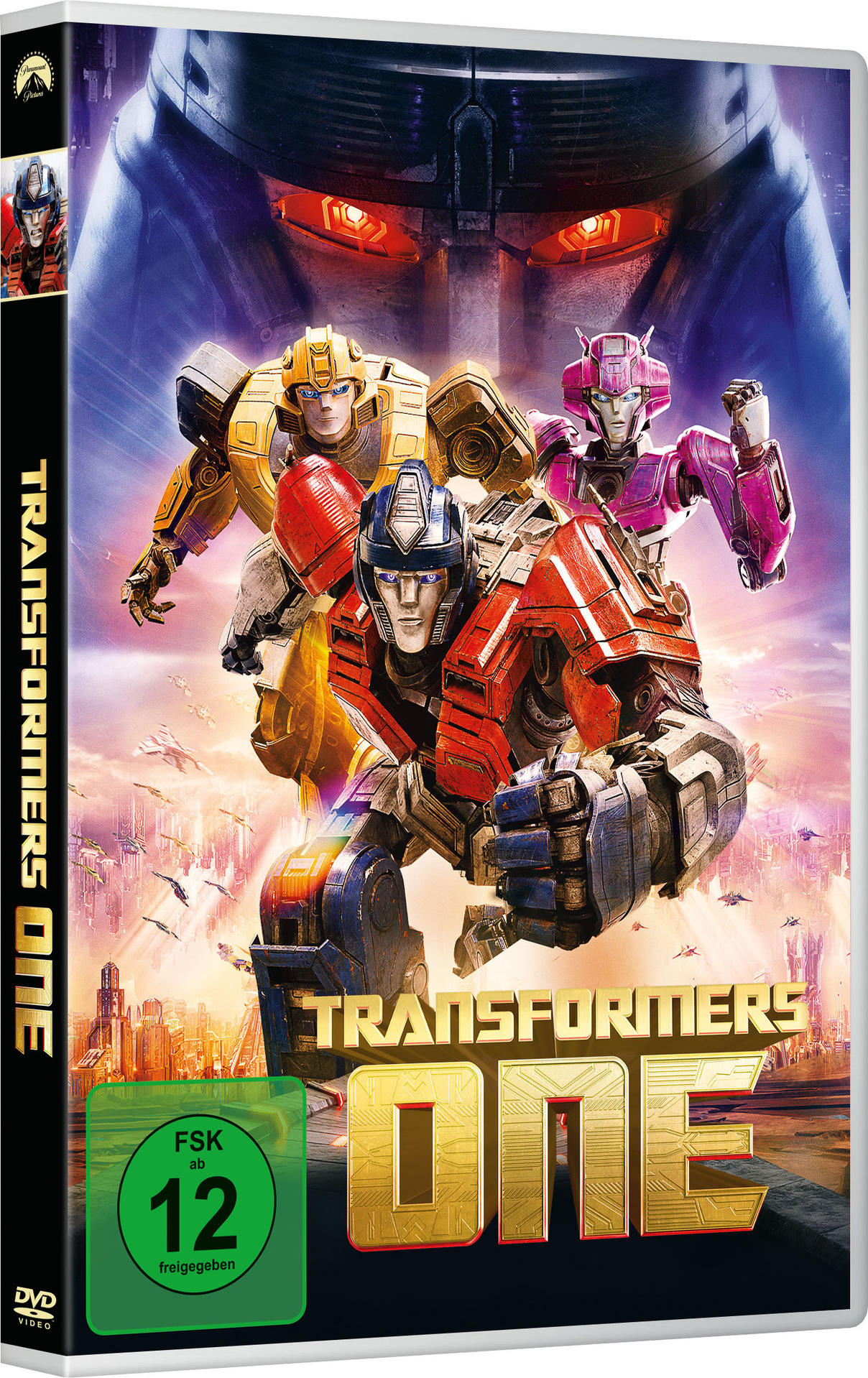 DVD-Hülle für den Film Transformers One. Roboter auf dem Cover, mit Titel und Logo.