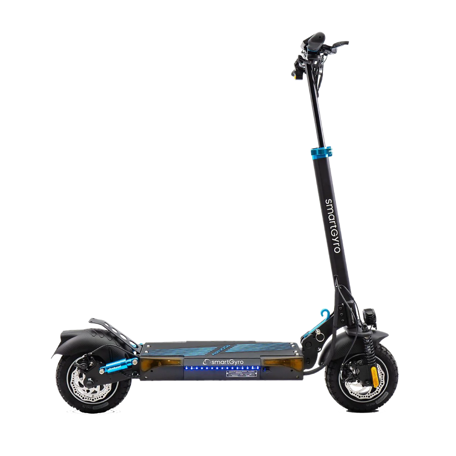 Scooter eléctrico negro y azul sobre fondo negro.