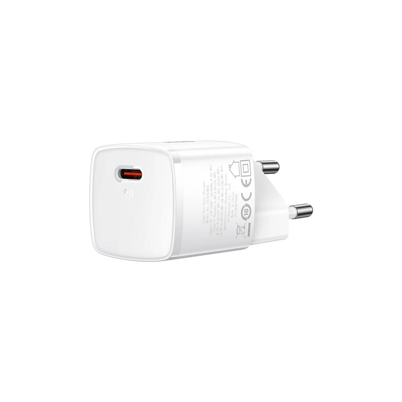 USB-C portlu ve iki pime sahip beyaz şarj cihazı, sağa doğru açılı.