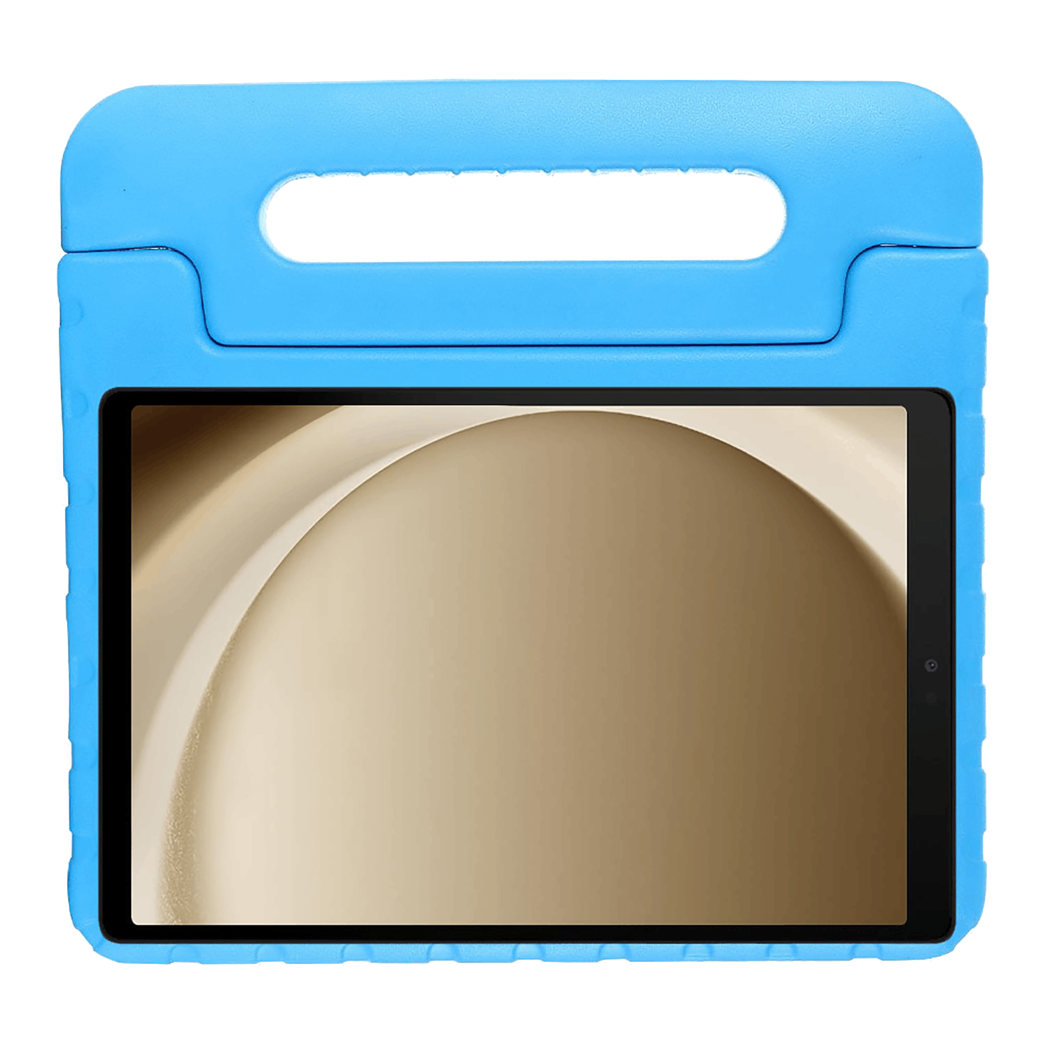 Een blauwe tablethoes met een handvat aan de bovenkant, met een tablet met een beige achtergrond.