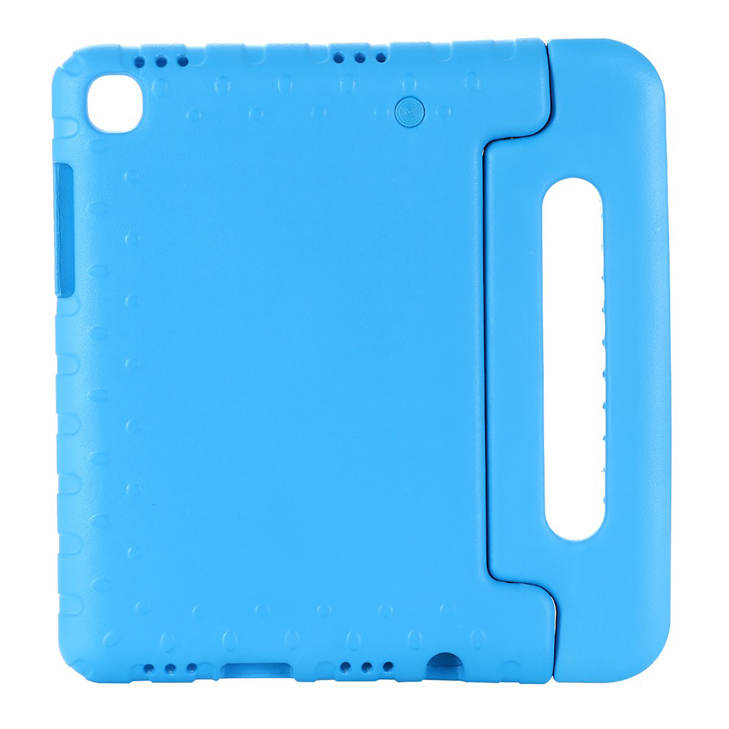 Blauwe tablethoes met handvat. Gaten boven en onder. Witte achtergrond.