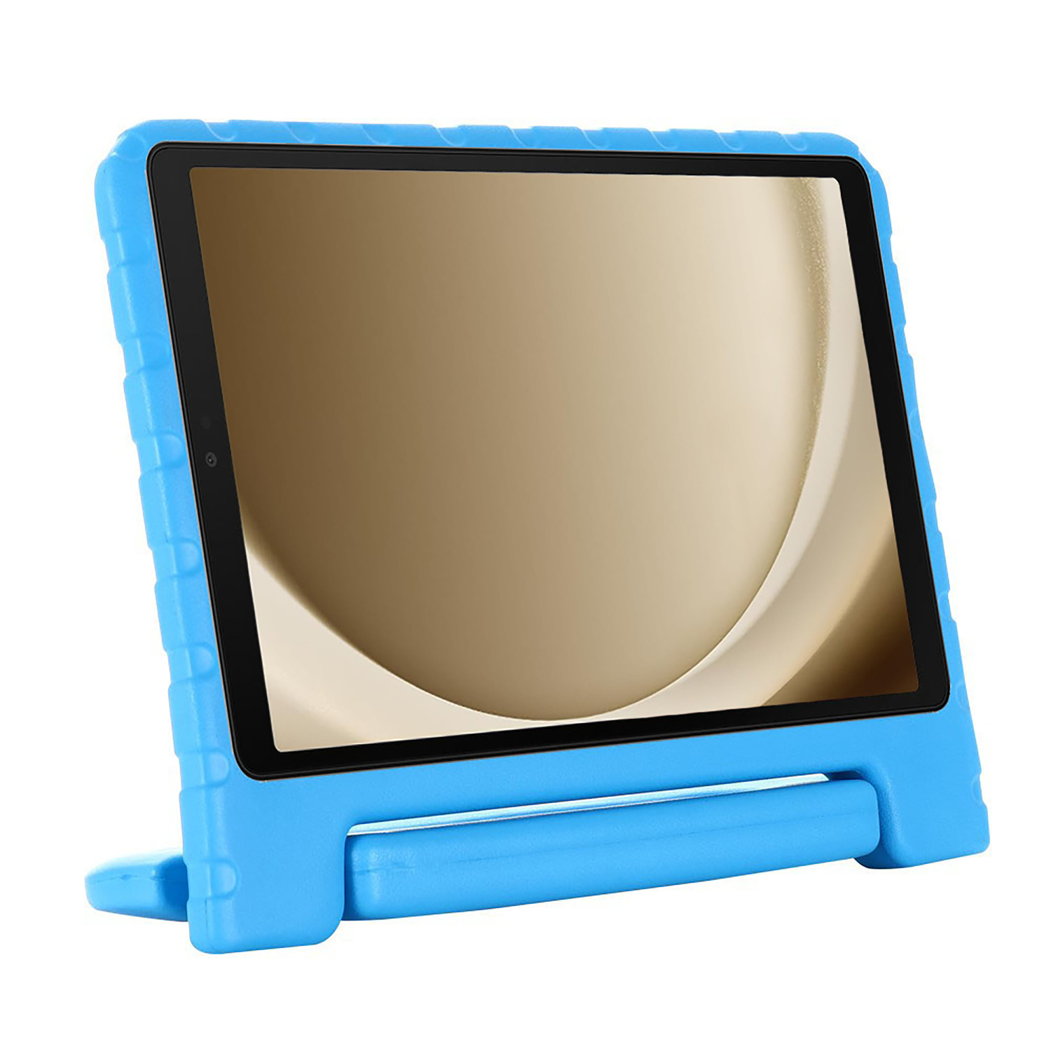 Blauwe tablet in een beschermhoes met een zwart scherm.