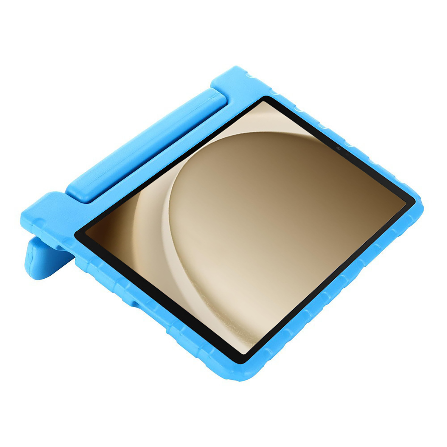 Een blauwe schuimrubberen tablethoes met een tablet erin. De tablet is naar de kijker gedraaid.