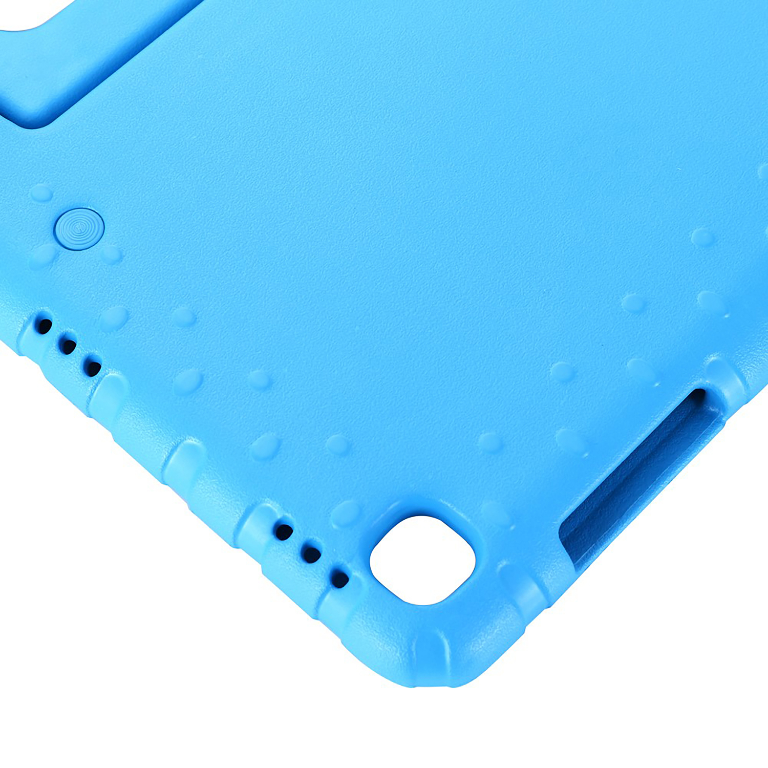 Close-up van een felblauwe tabletcase met enkele gaten en knoppen.