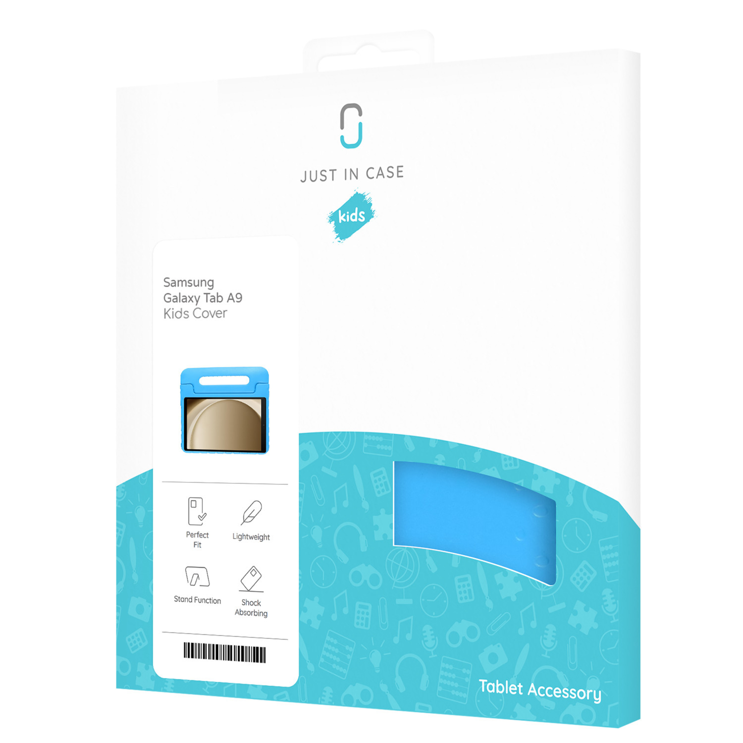 Witte doos met een blauwe tablet cover voor kinderen. Op de doos staat 'JUST IN CASE' en 'Kids'.